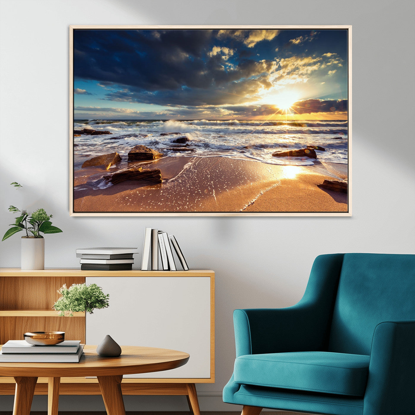 MGV-FC-36X24 - Golden Hour Beach Sunset Canvas Triptych, Ocean Waves and Rocks Wall Art for Coastal Home Decor