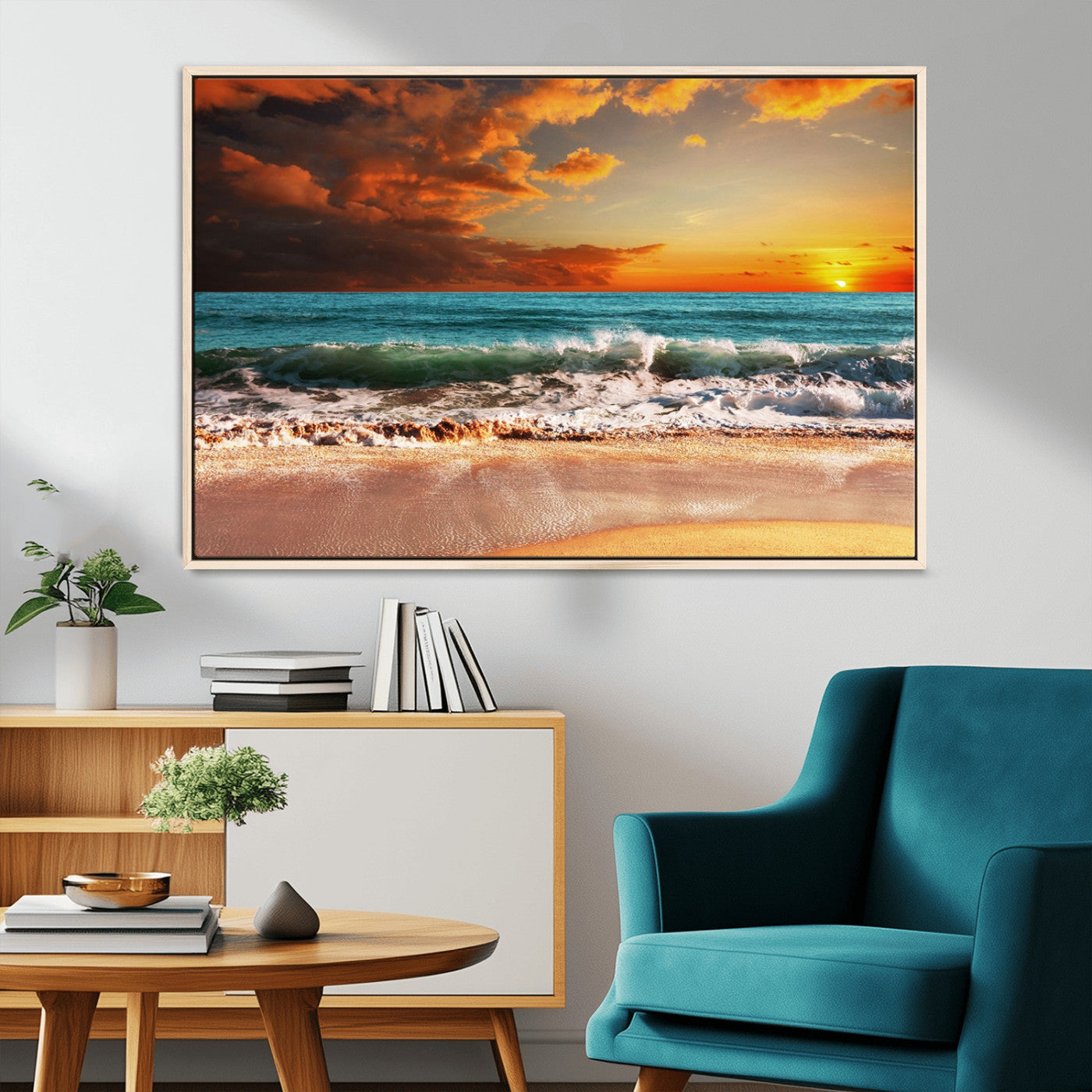 MGV-FC-36X24 - Golden Sunset Beach Canvas Wall Art – Triptych Seascape Print – Framed and Ready to Hang for Living Room or Office
