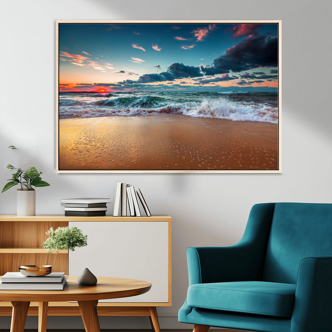 Sunset on Beach Wall Art Ocean Beach Canvas Print