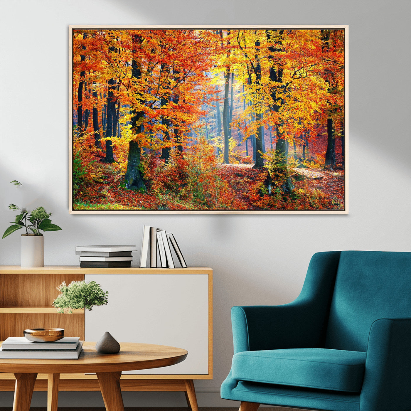MGV-FC-36X24 - Autumn Red Forest Triptych Canvas Wall Art Print, Forest Wall Decor, Fall Landscape Art | Season Nature Landscape for Home or Office
