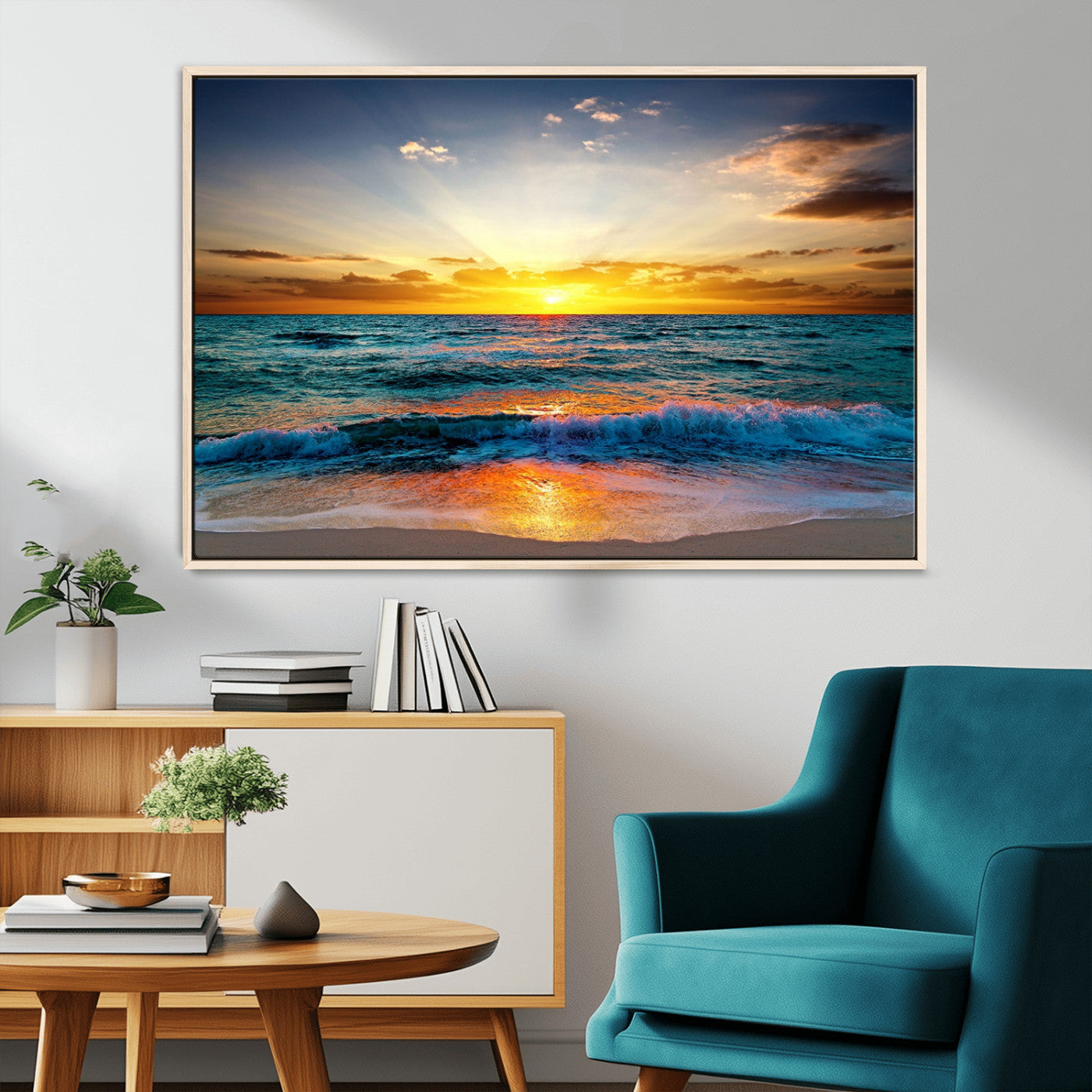 MGV-FC-36X24 - Vibrant Ocean Sunrise Over Golden Beach Waves, Giclee Canvas Wall Art Set, High-Quality Stretched Canvas Print, Ready to Hang Coastal Sunset Wall
