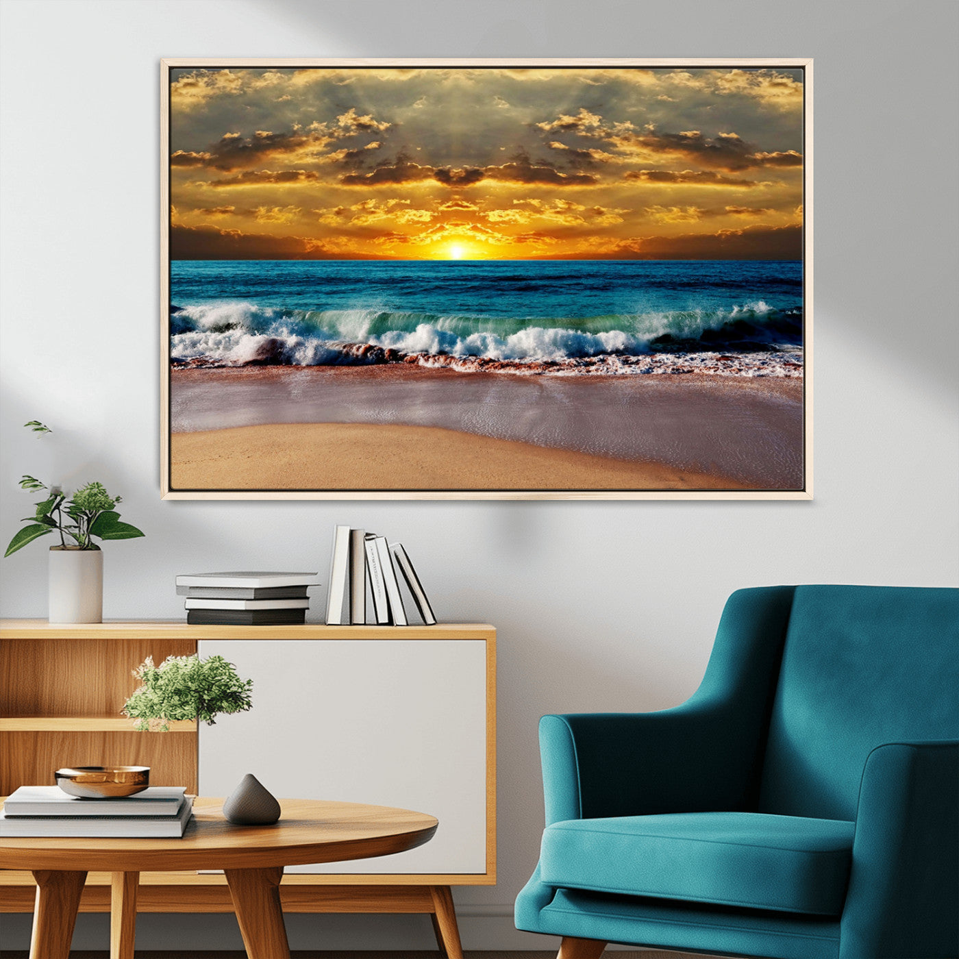MGV-FC-36X24 - Ocean Sunrise Over Golden Beach Waves, Giclee Canvas Wall Art Set, High-Quality Stretched Canvas Print, Ready to Hang Coastal Sunset Wall Decor