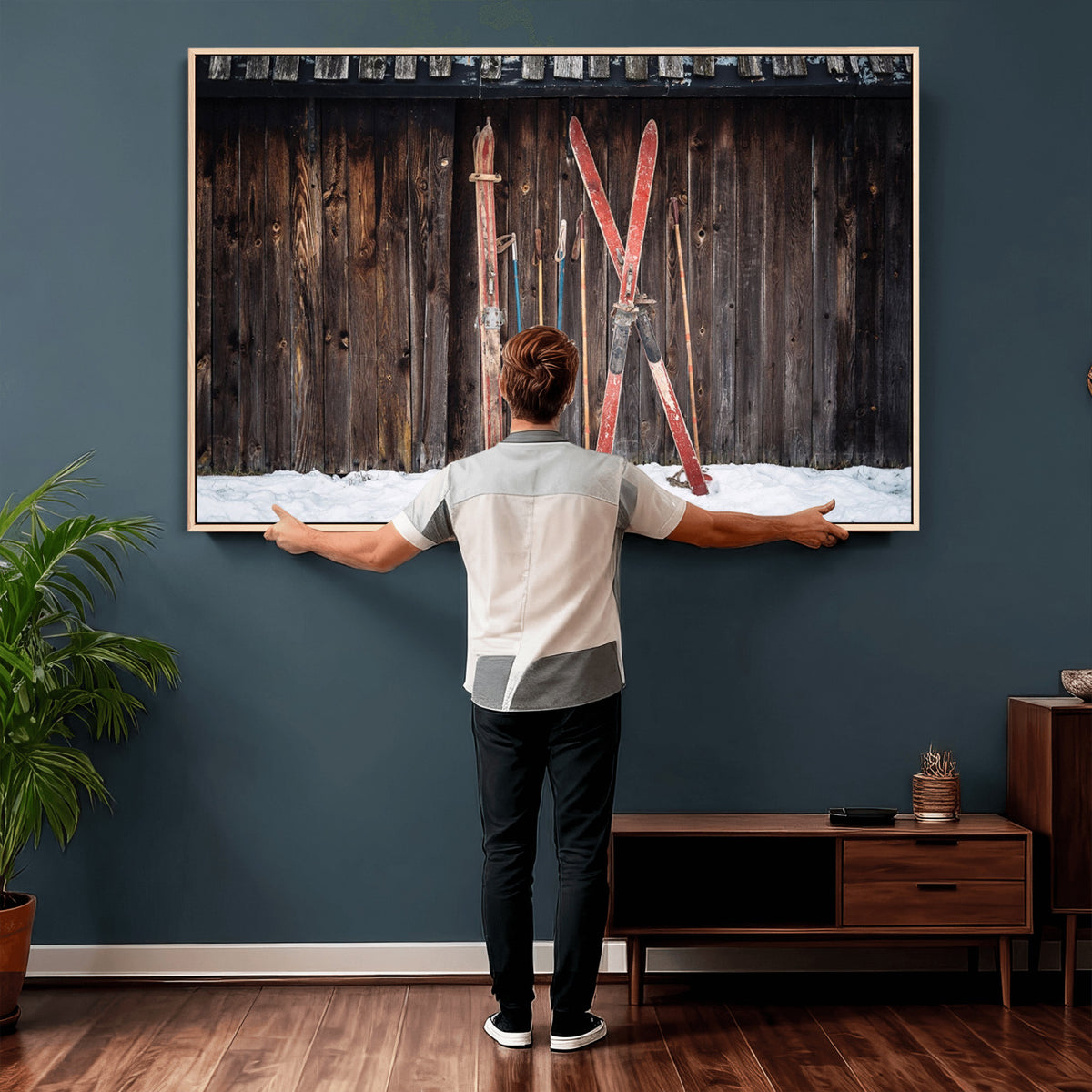 78590-MGV-CV-36X24 - Vintage Ski Gear Canvas Print, Vintage Ski Gear Against Wooden Cabin Wall
