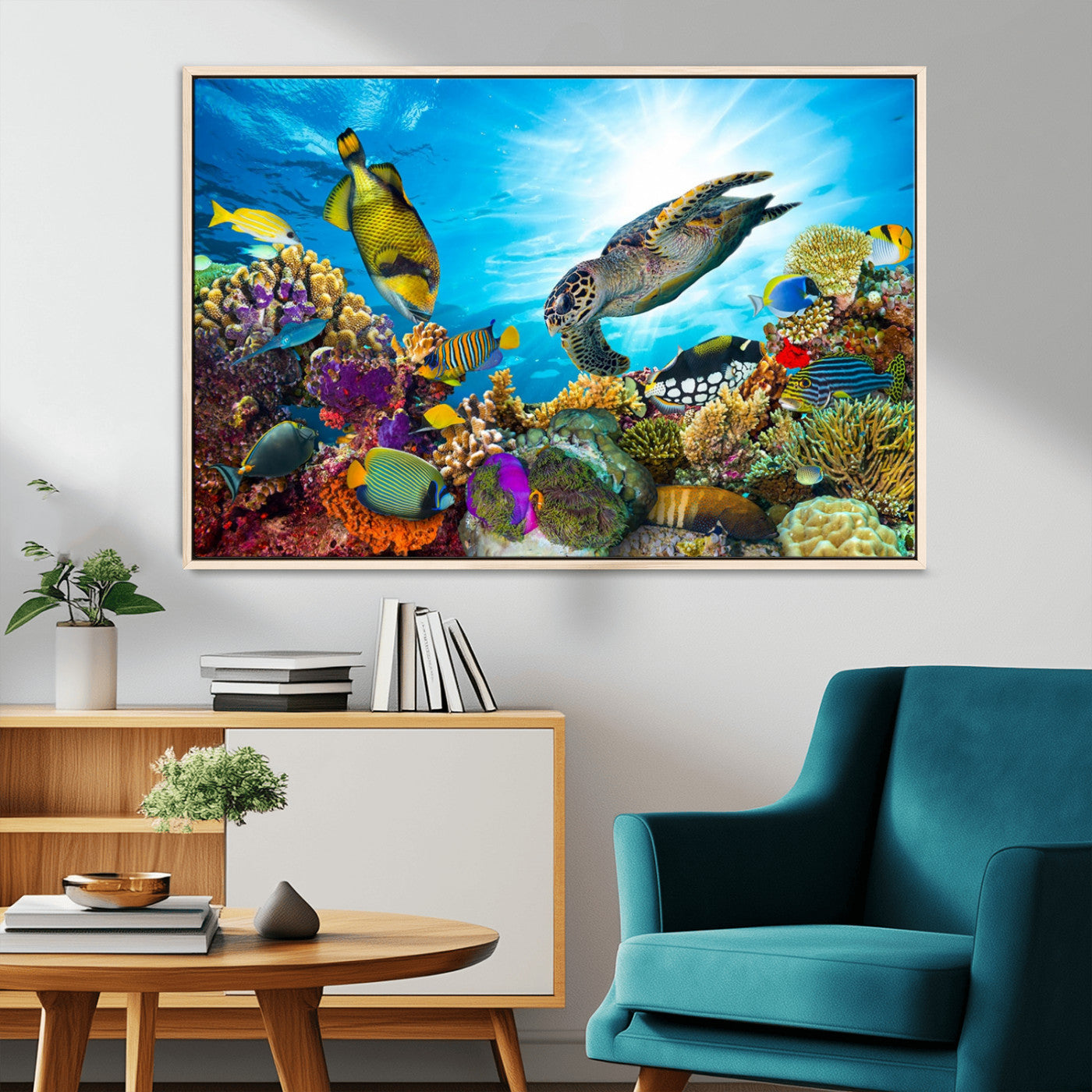 MGV-FC-36X24 - Sea Turtle Coral Reef Wall Art Print – Colorful Underwater Canvas Print – Tropical Ocean Marine Life Artwork – Perfect for Coastal Home Decor