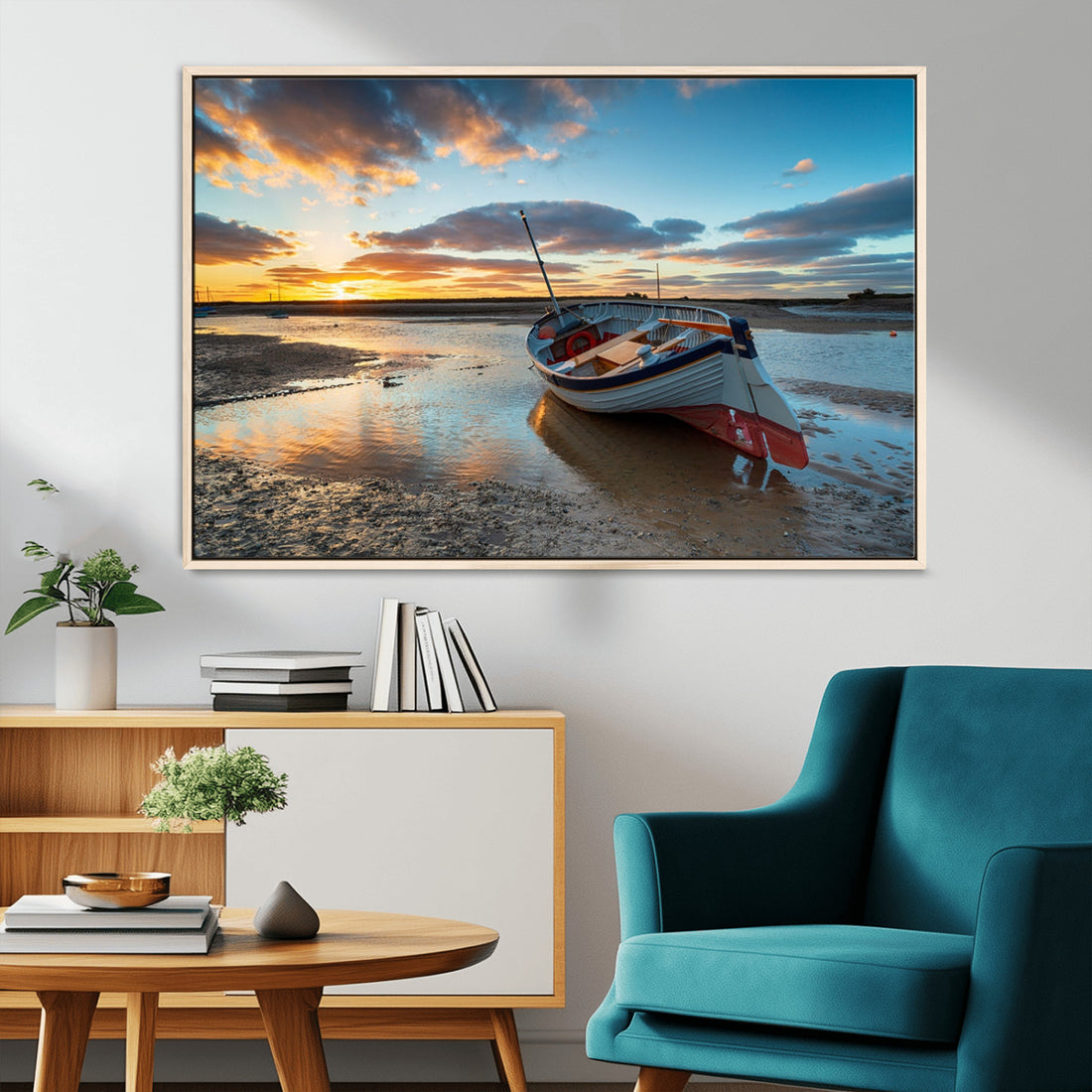 Small Boat At The Beach Sunset Wall Art, Boat Sunset Wall Art Canvas Print