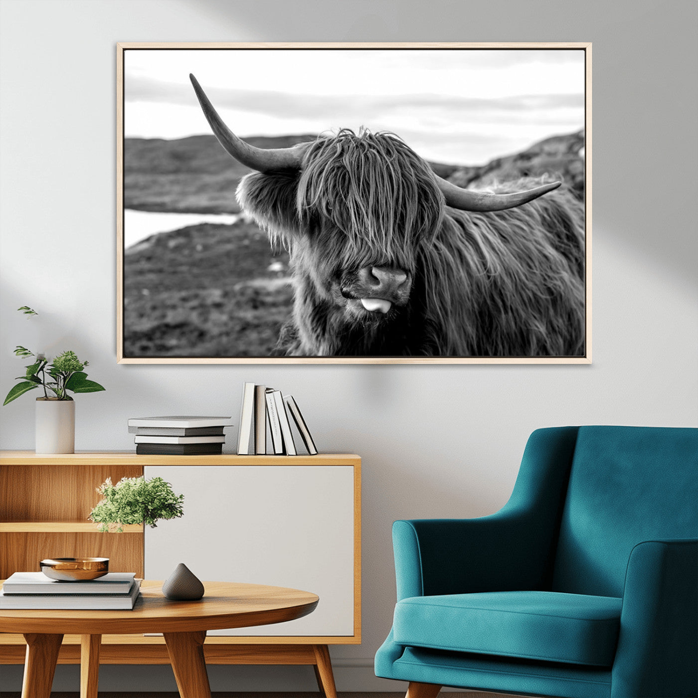MGV-FC-36X24 - Highland Cow Canvas Wall Art – Black and White Animal Portrait – Framed and Ready to Hang Rustic Farmhouse Decor for Living Room or Office