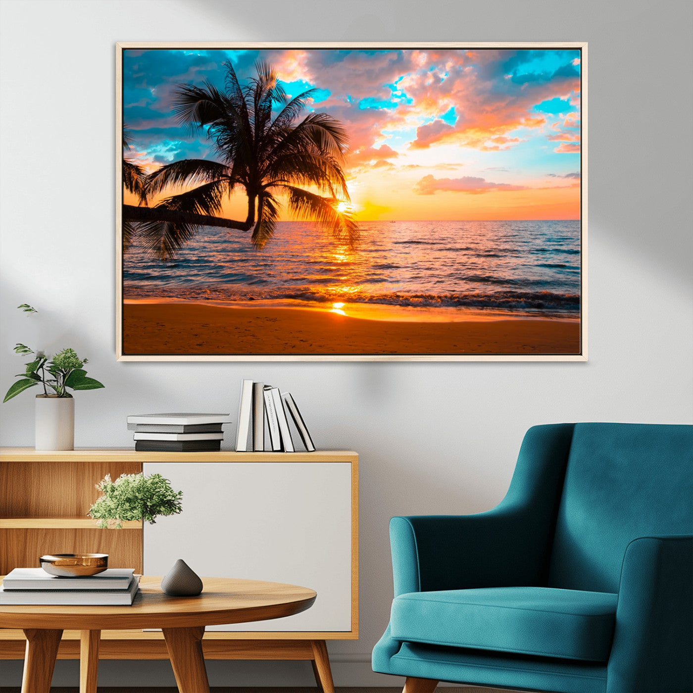 -Palm Tree Sunset On The Beach Wall Art Canvas, Framed Palm Tree Sunset Canvas Print