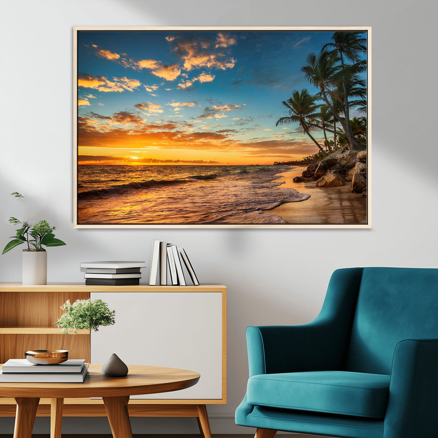 MGV-FC-36X24 - Tropical Beach Sunset Wall Art Print – Palm Tree Coastal Canvas Print – Ocean Seascape Artwork – Perfect for Tropical Modern Home Decor