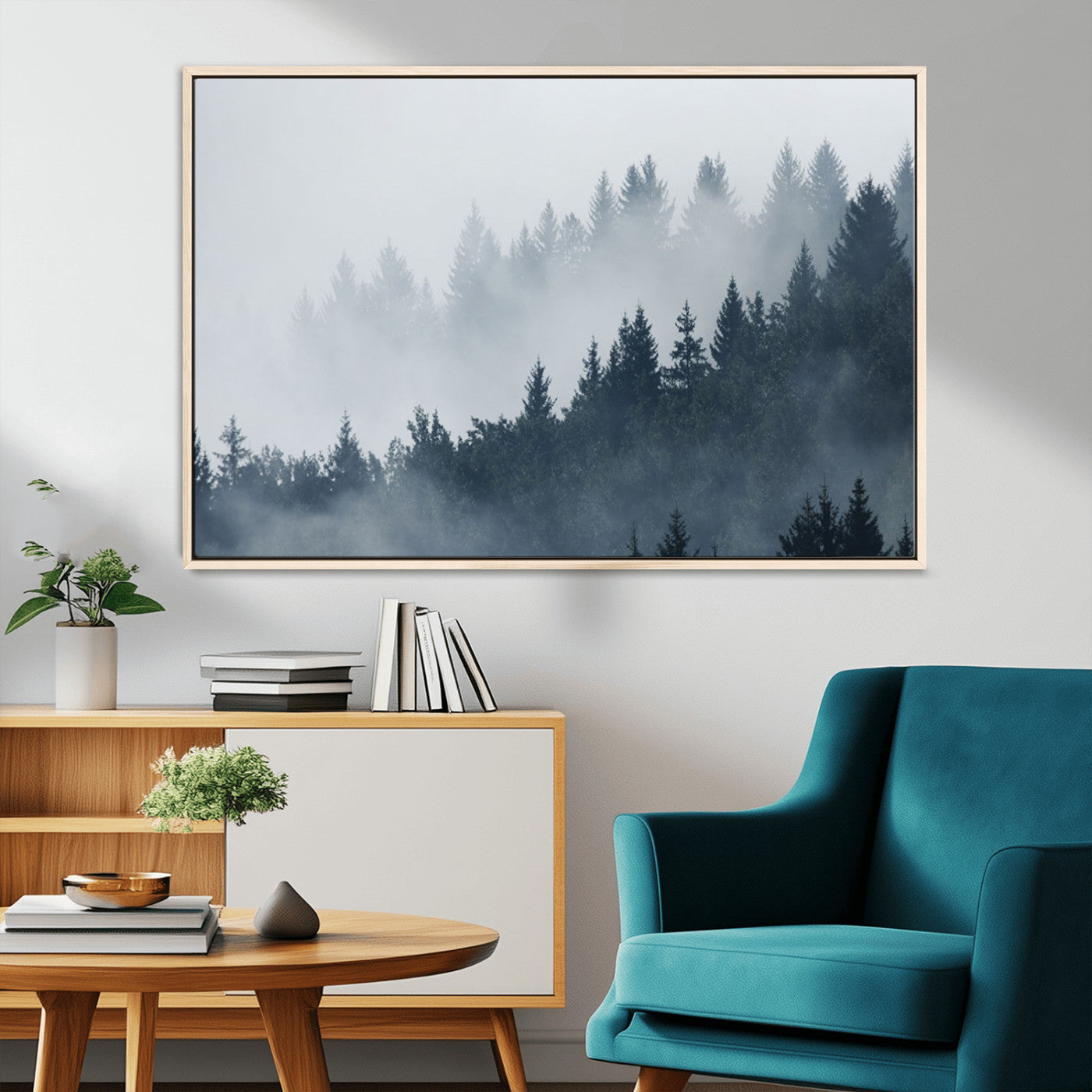 MGV-FC-36X24 - Misty Forest Wall Art Print – Foggy Pine Tree Canvas Print – Dark Woodland Nature Artwork – Perfect for Minimalist and Modern Home Decor