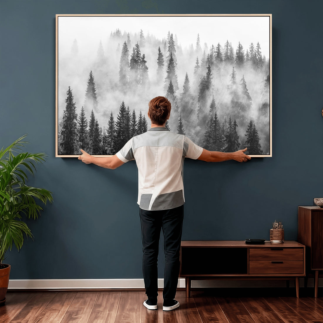 Forest Wall Art Print | Foggy Pine Forest Canvas Wall Art, Black and White Nature Decor