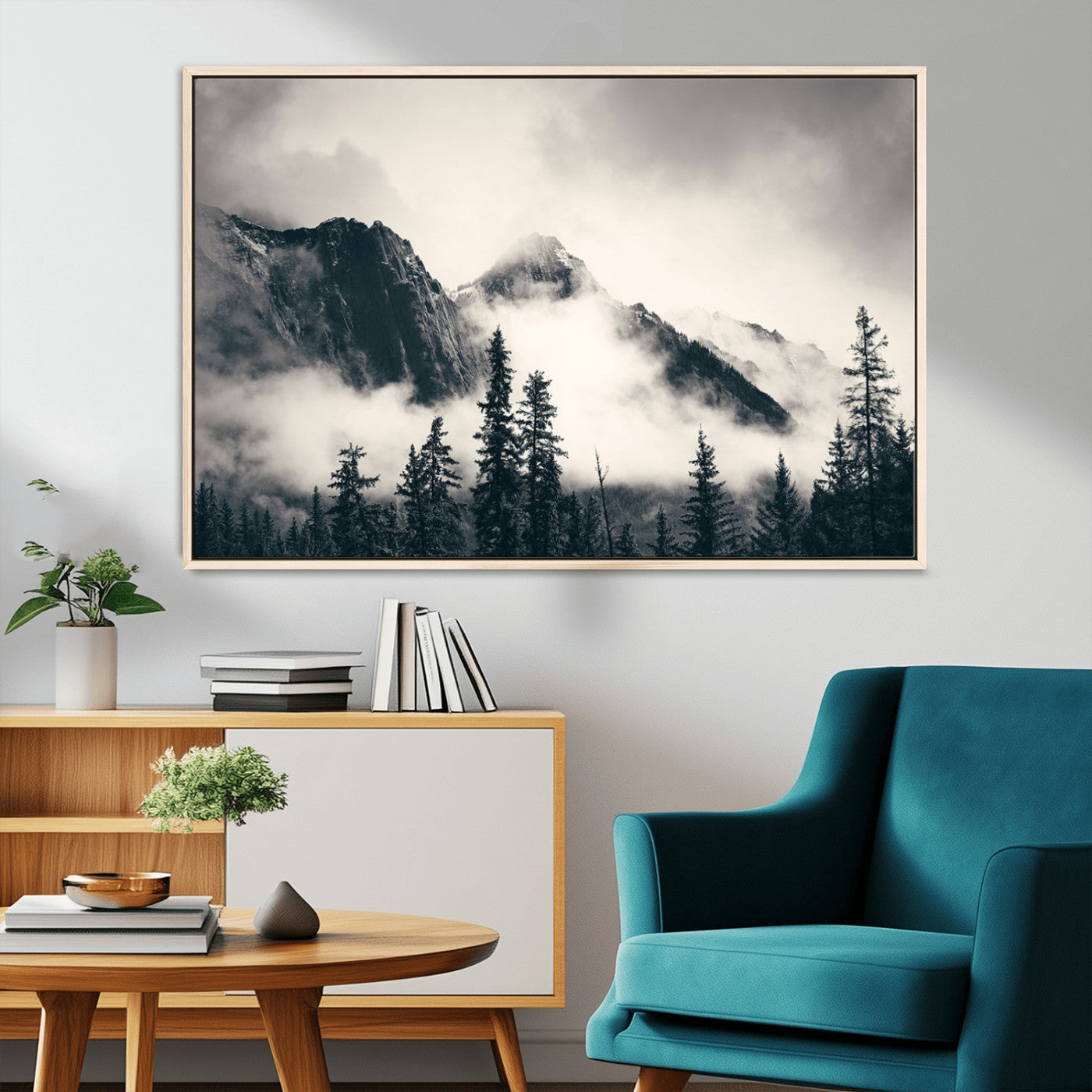 MGV-FC-36X24 - Large Foggy Mountain Forest Wall Art Canvas Print | Misty Mountain Peaks and Pine Trees Print | Framed Gallery Wrap | Rustic Nature Farmhouse Decor