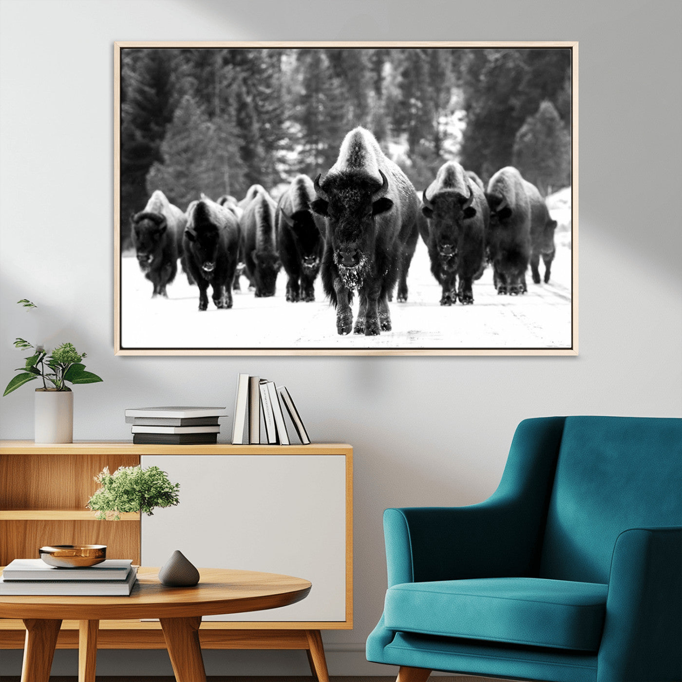 MGV-FC-36X24 - Bison Herd in Snow Wall Art Canvas Print | Rustic Western Bison Wall Art for Decor for Living Room, Office, and Farmhouse Decor | Framed Large Bison Giclee Canvas Print