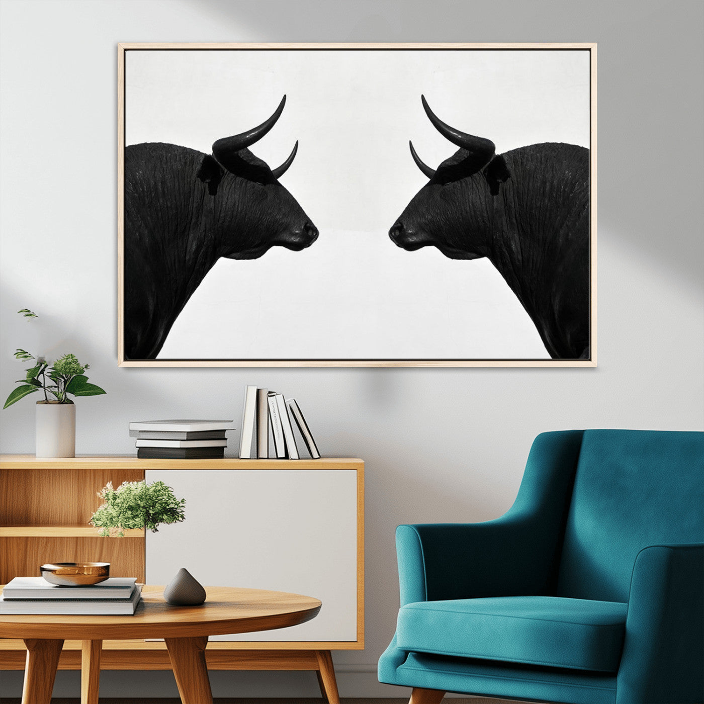 -Spanish Bull Art - Framed Black and White Bull Canvas Print for Modern Rustic Home or Office Decor
