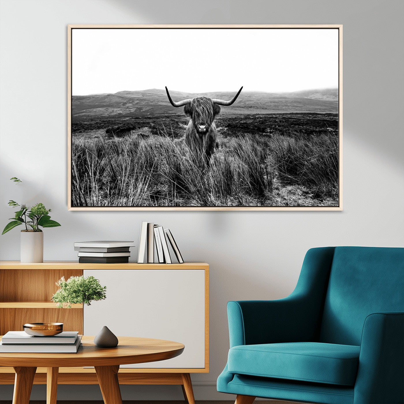 MGV-FC-36X24 - Black and White Highland Cow Canvas Wall Art, Longhorn Triptych Western Wall Decor for Cabin -