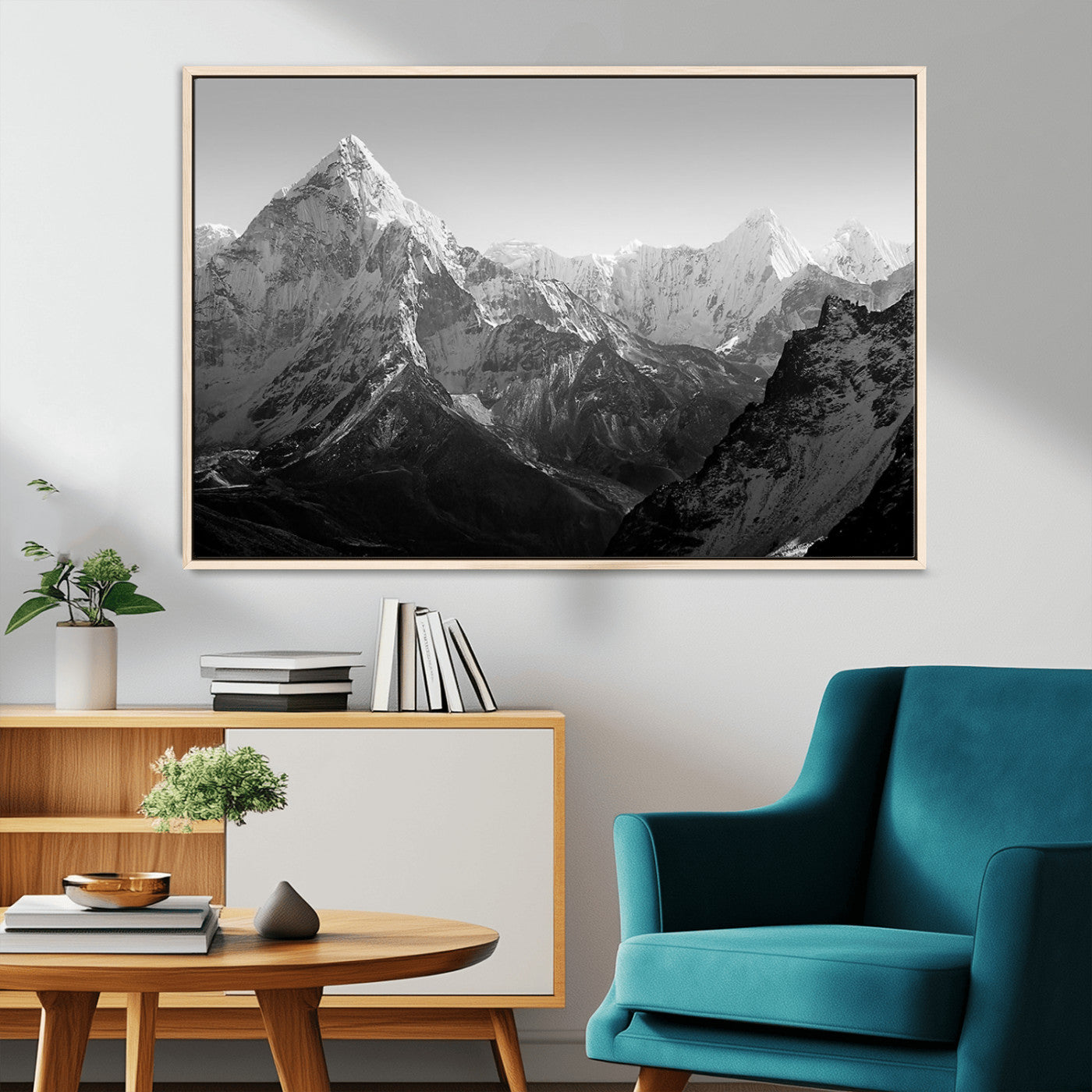 MGV-FC-36X24 - Everest Himalaya Mountain Peaks Black & White Triptych Canvas Art – Mountain Wall Decor for Minimalist Interiors