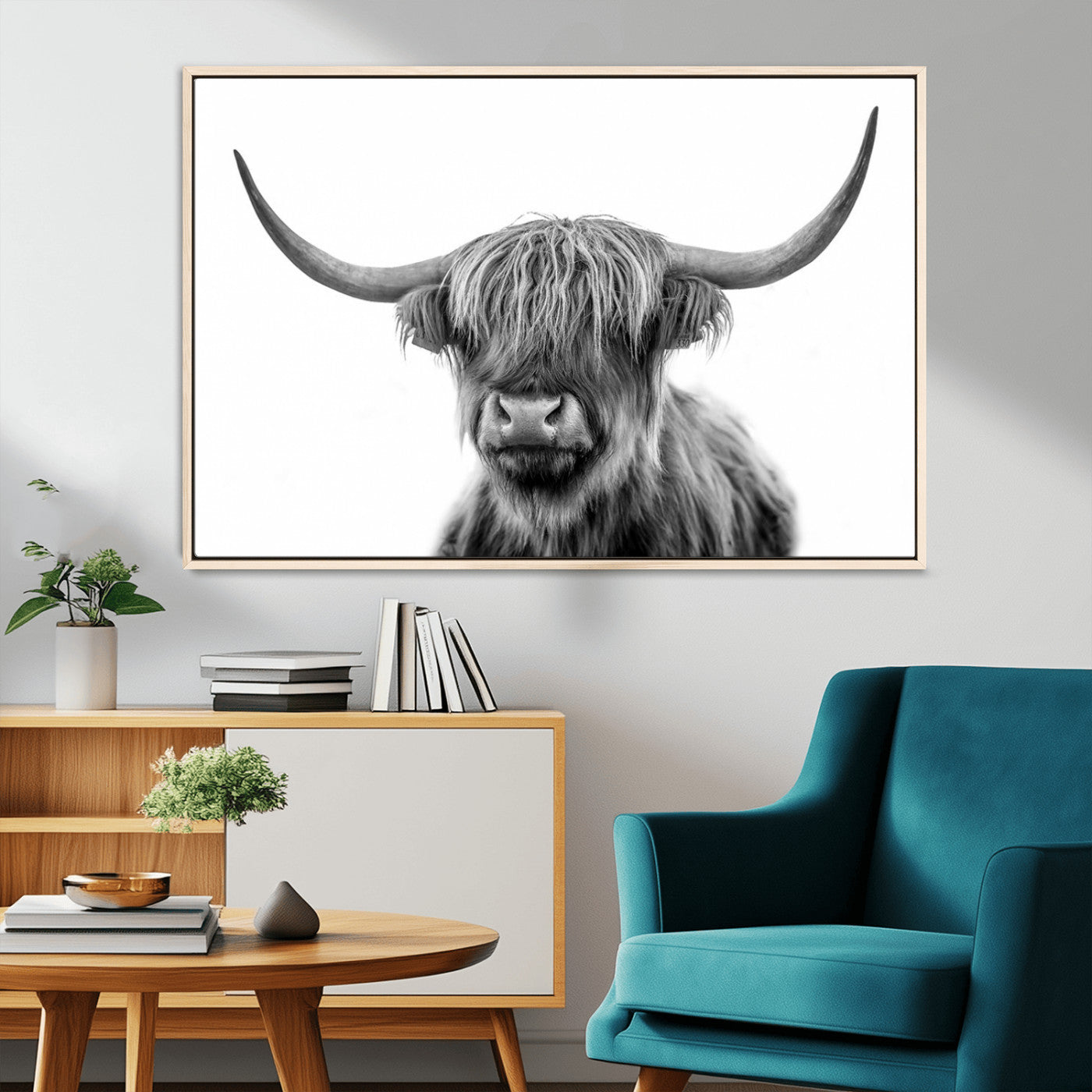 MGV-FC-36X24 - Grayscale Scottish Highland Cow Cattle Art Print Farmhouse Wall Art Canvas Print