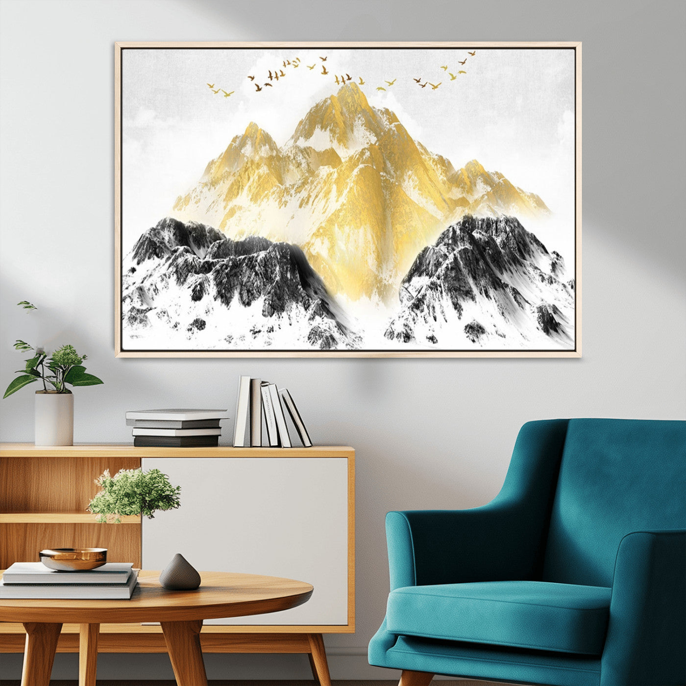 MGV-FC-36X24 - Golden Mountain Triptych Wall Art, Modern Giclee Canvas Print, Nature Landscape Decor for Living Room, Contemporary Gold and Black Wall Art