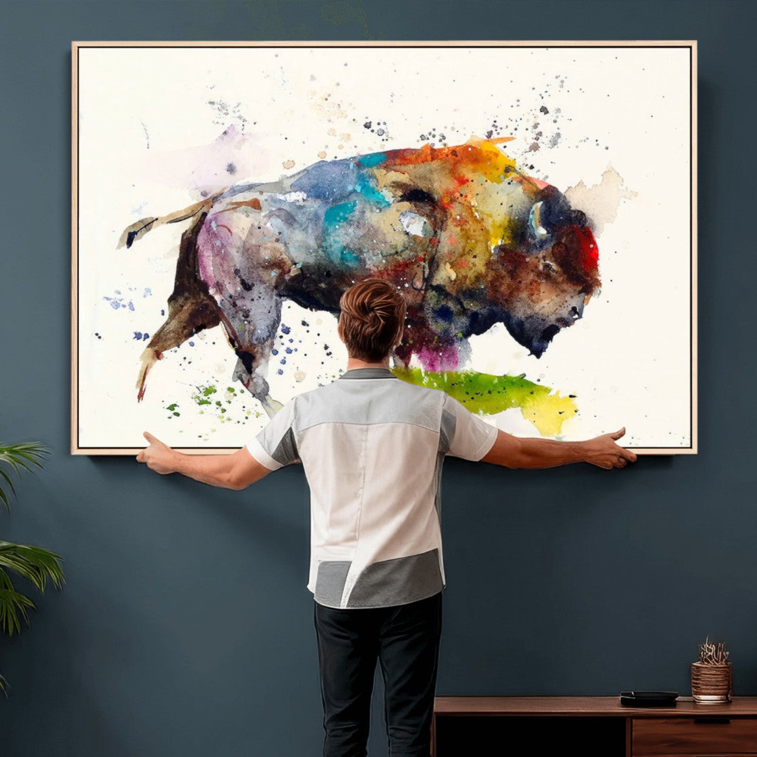 44504-MGV-CV-36X24 - Abstract Buffalo Wall Art, Western Watercolor Bison Canvas Print, Rustic Buffalo Art for Cowboy and