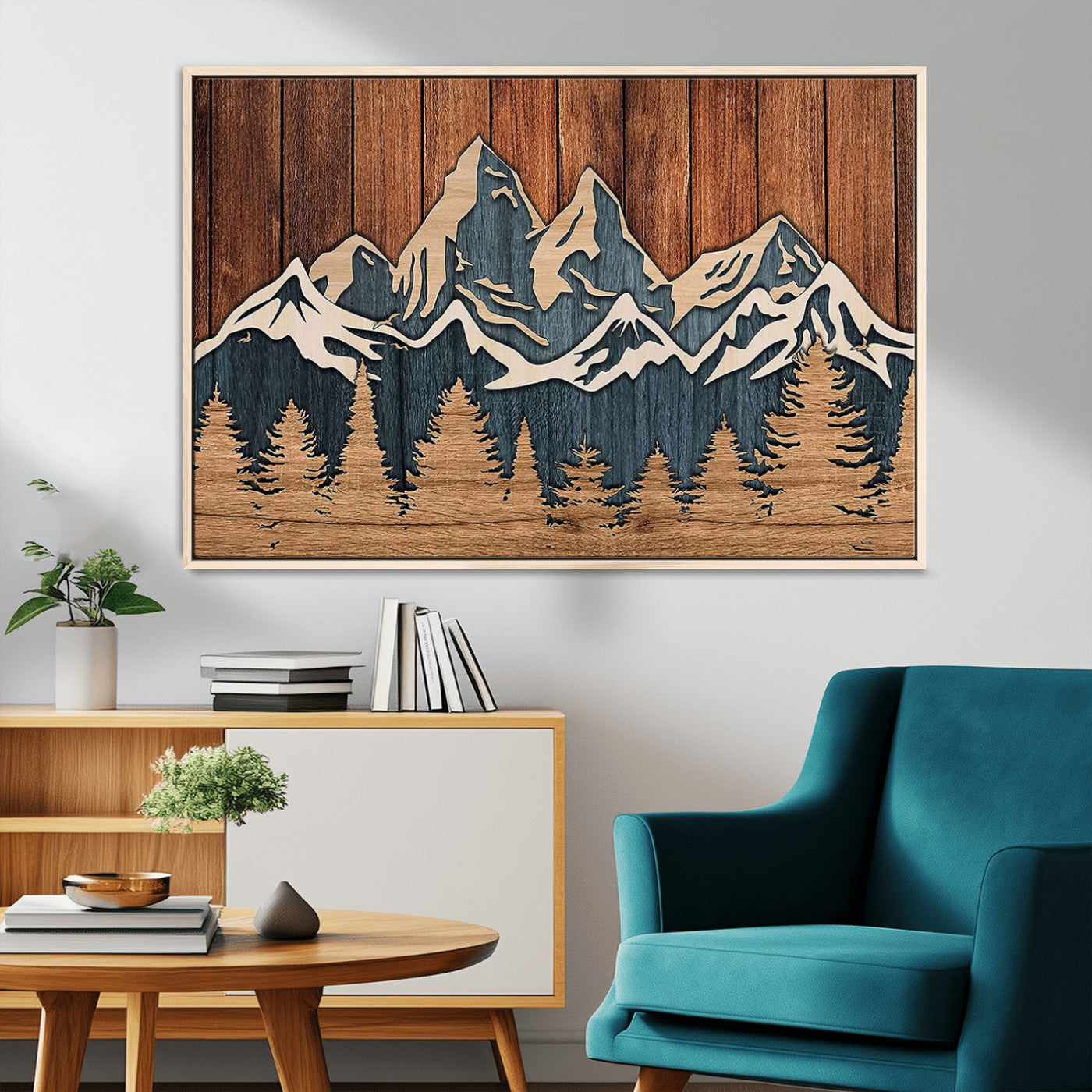 MGV-FC-36X24 - Rustic Wood Style Mountain Wall Art, Nature Forest Canvas Print, Wooden Textured Mountain Artwork, Handcrafted Landscape Decor for Farmhouse Decor