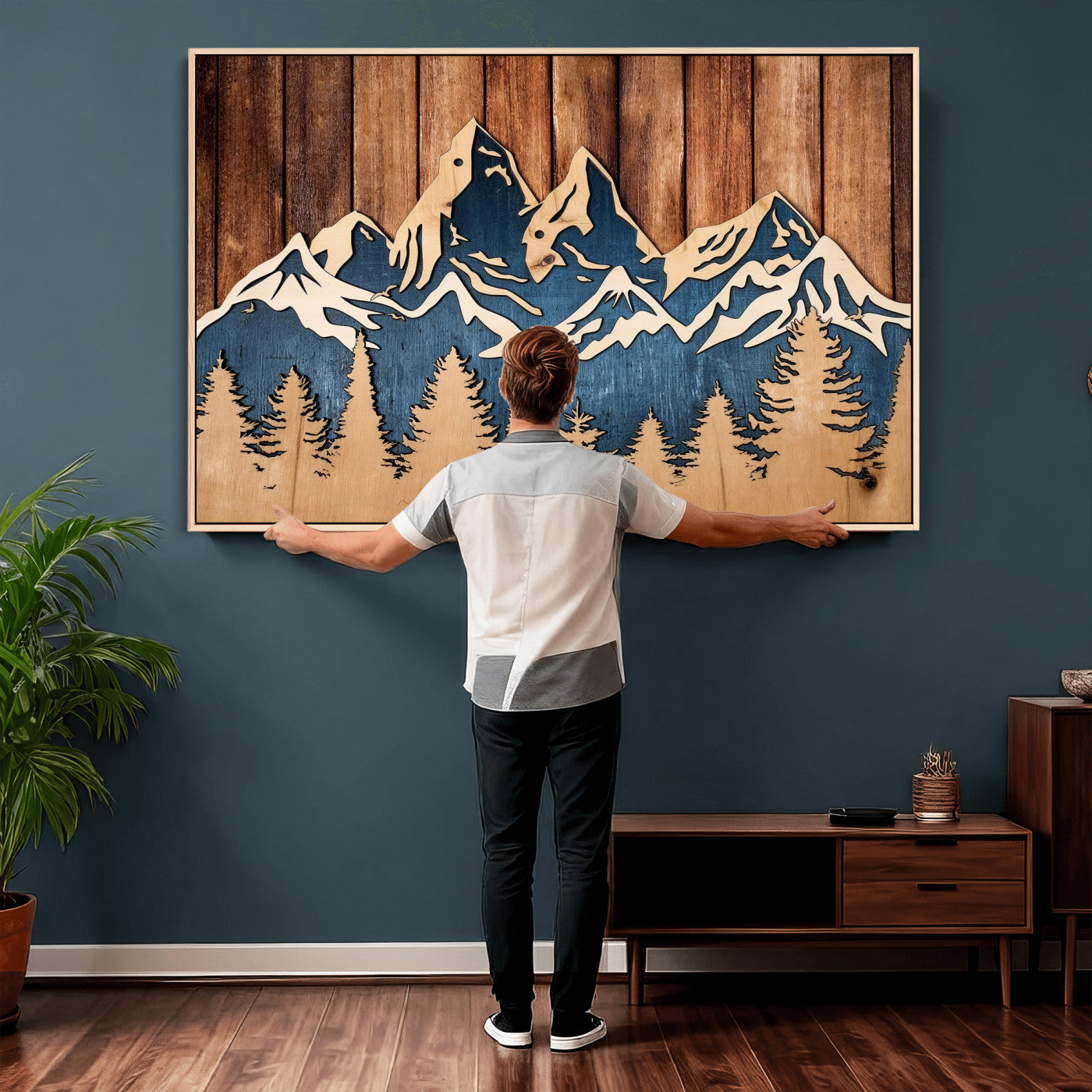41330-MGV-CV-36X24 - Rustic Wood Style Mountain Wall Art, Nature Forest Canvas Print, Wooden Textured Mountain Artwork Print
