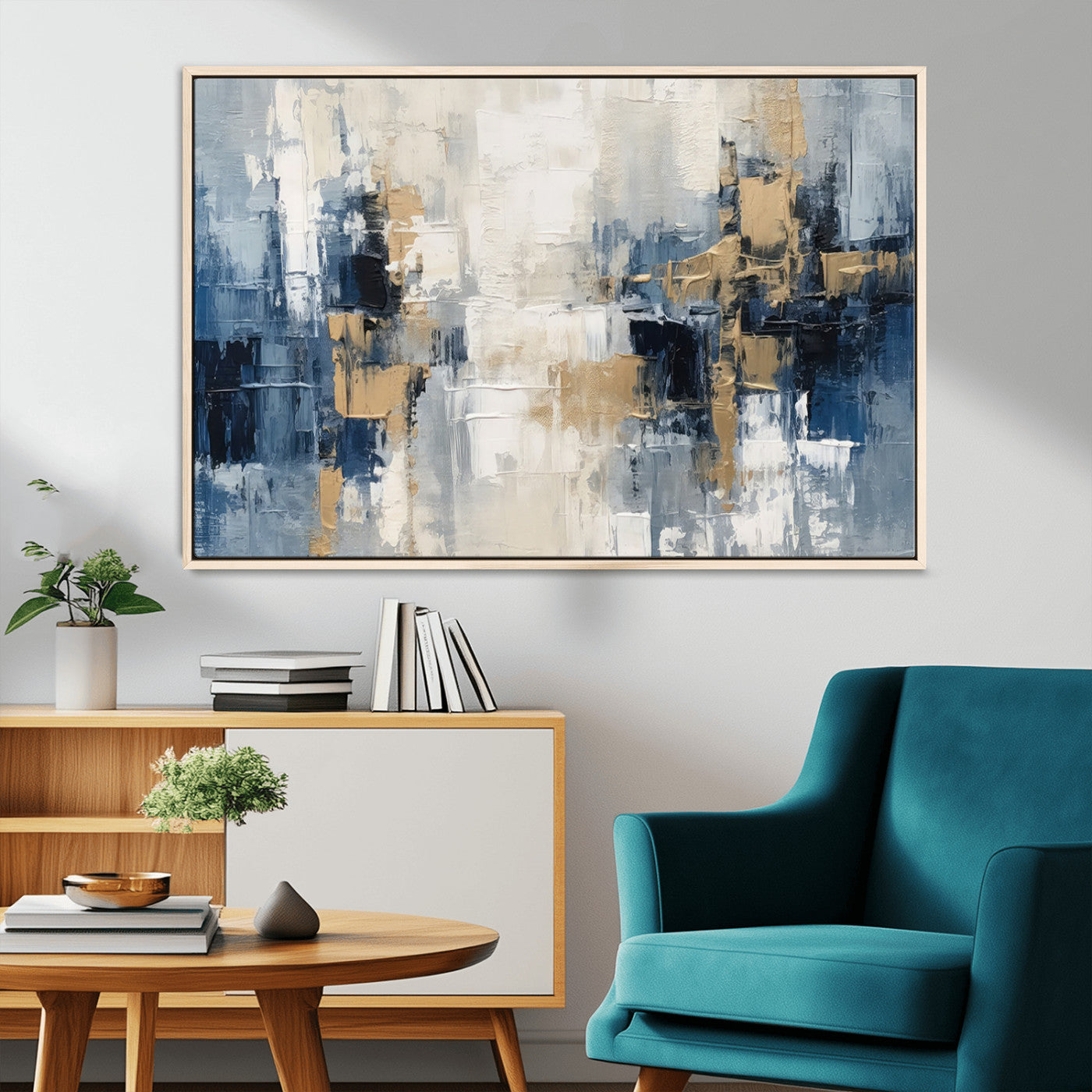 -Modern Abstract Canvas Wall Art in Blue and Gold Tones | Large Contemporary Art for Living Room,