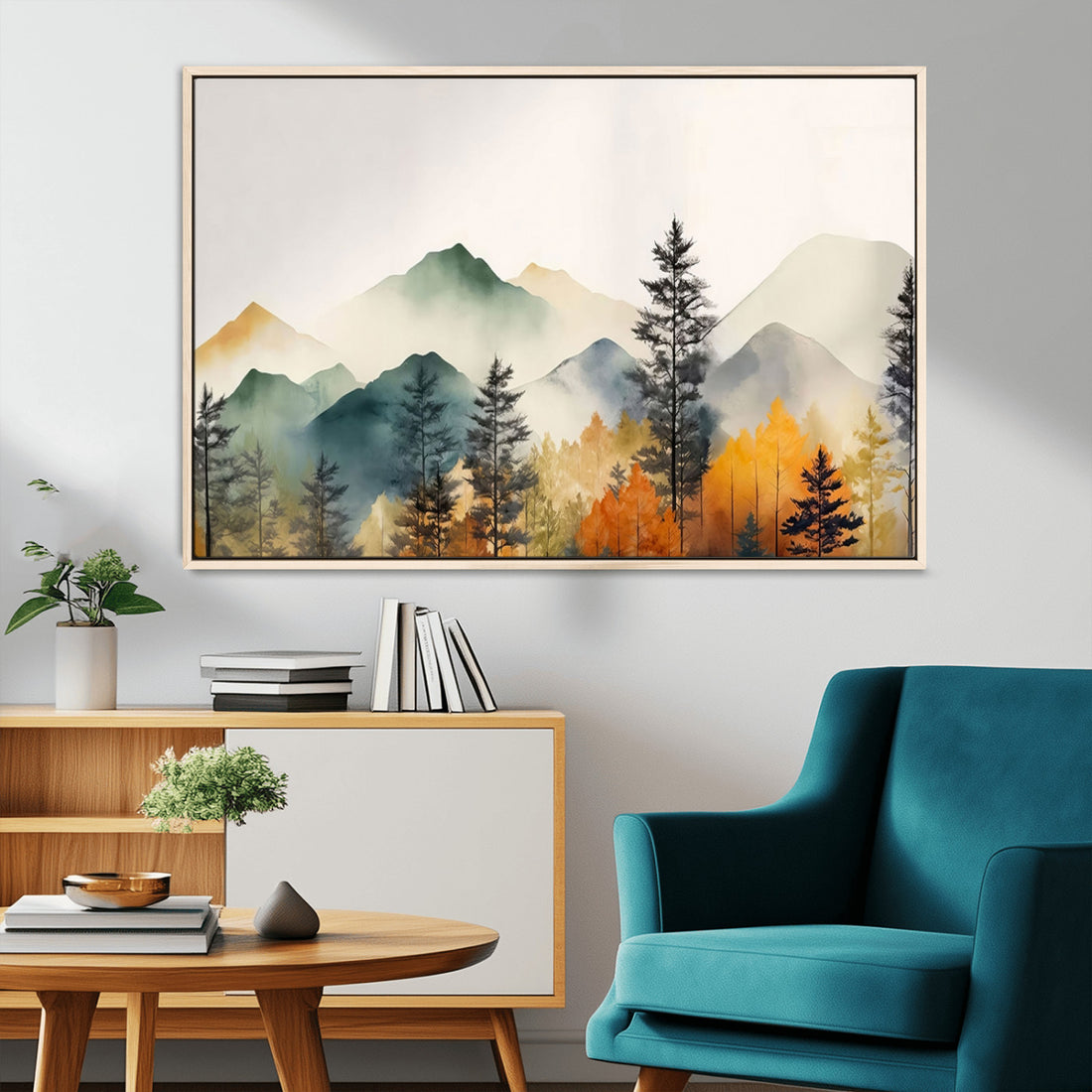 Abstract Watercolor Mountains and Trees Autumn Wall Art, Mountains and Trees Autumn Canvas Print