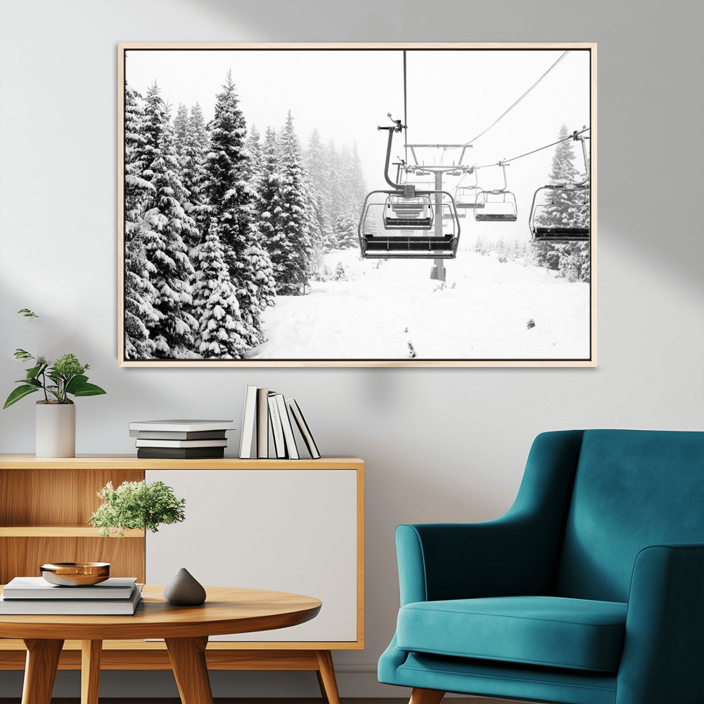 MGV-FC-36X24 - Winter Forest Wall Art Canvas Print, Framed Snowy Forest Art Picture Print, Winter Ski Lift Perfect