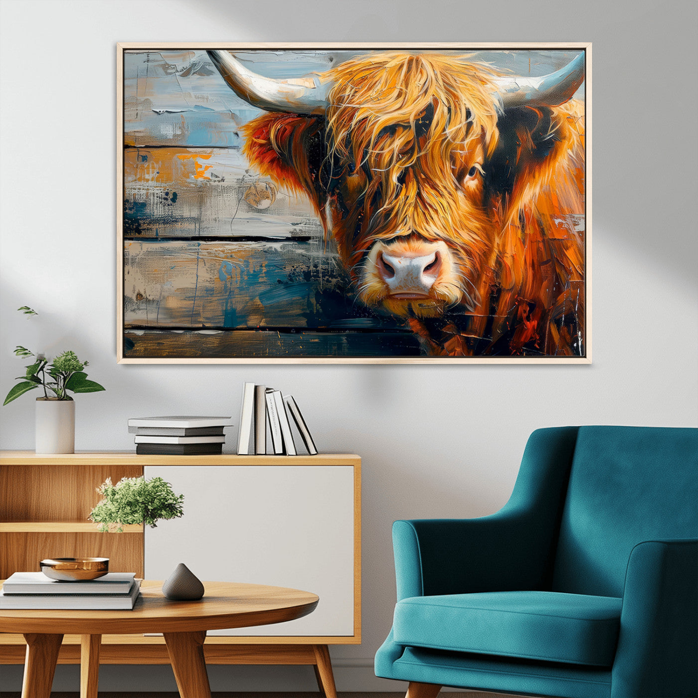 -Highland Cow Abstract Canvas Wall Art – Bold Farmhouse Rustic Decor – Ready to Hang