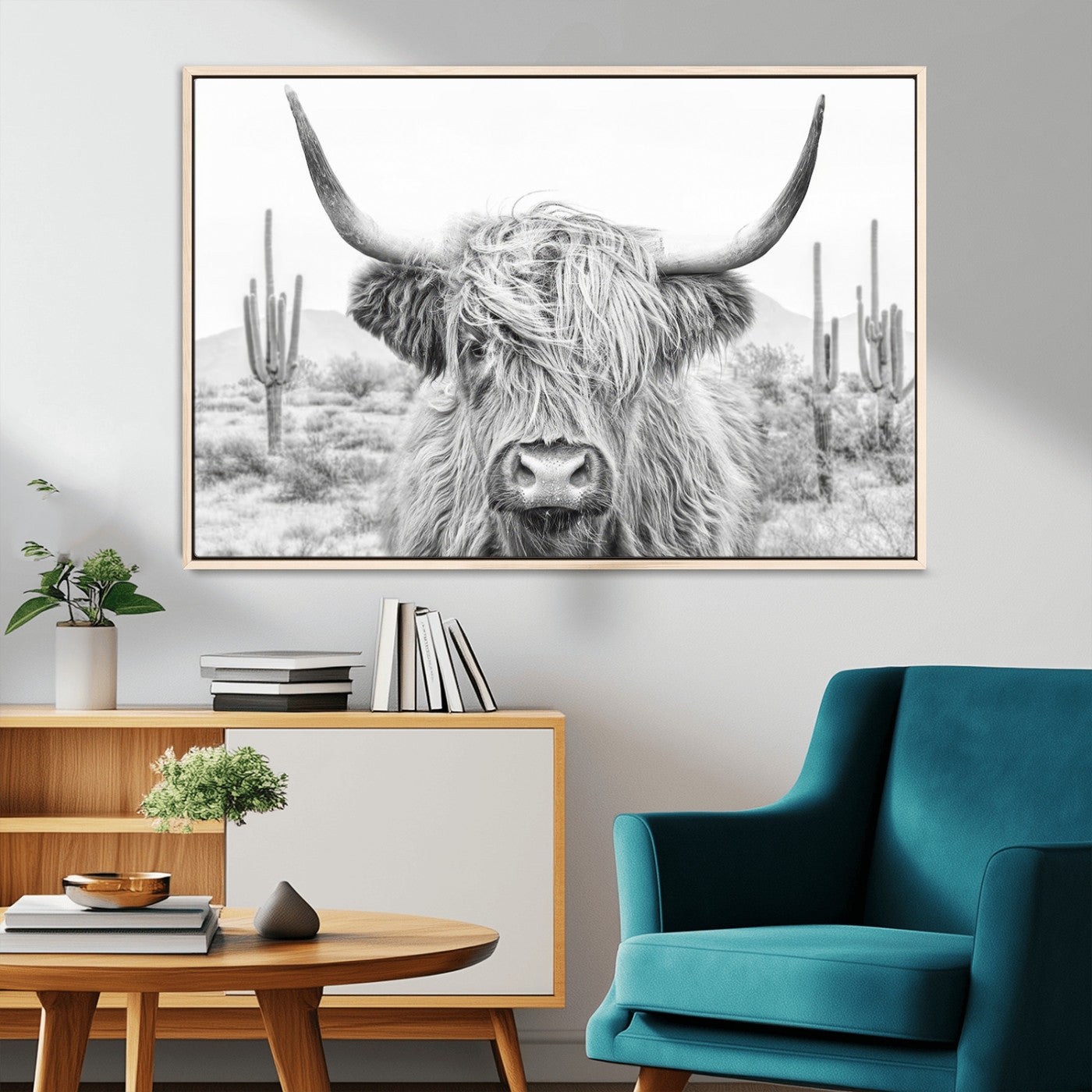 -Rustic Charm | Cow Longhorn Black White Bighorn Wall Art Canvas Print | Farmhouse Wall Art