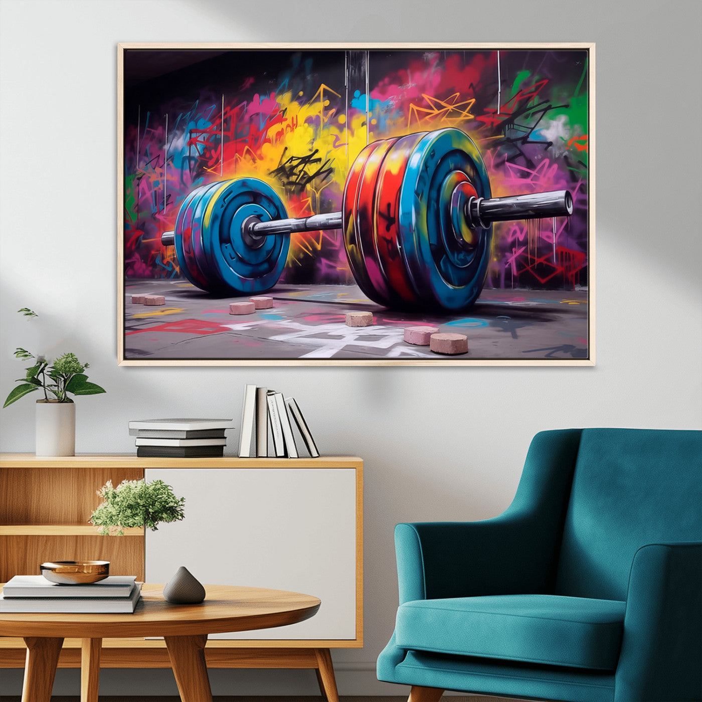 MGV-FC-36X24 - Abstract Graffiti Barbell Canvas Wall Art – Urban Fitness Meets Bold Street Art Print - Gym Wall Art Print