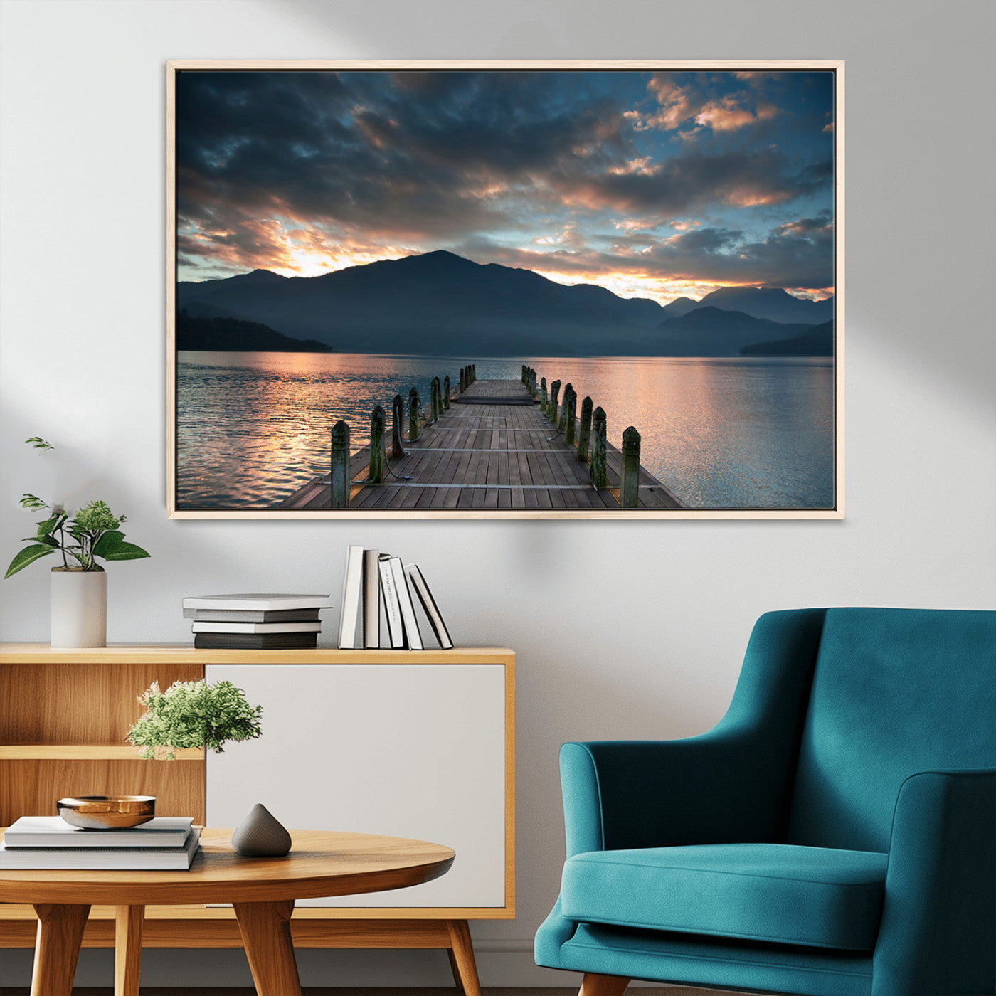 MGV-FC-36X24 - Mountain Lake Wood Pier Canvas Wall Art Nature Lake Print