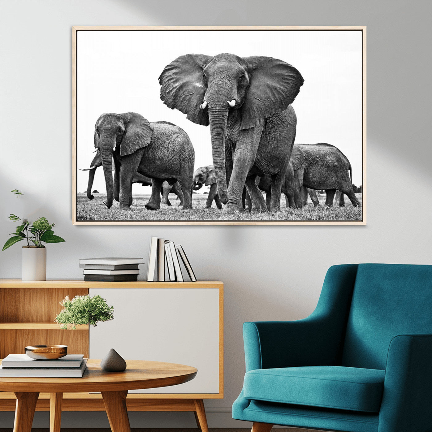MGV-FC-36X24 - Black White Elephant Family Wall Art Canvas Print