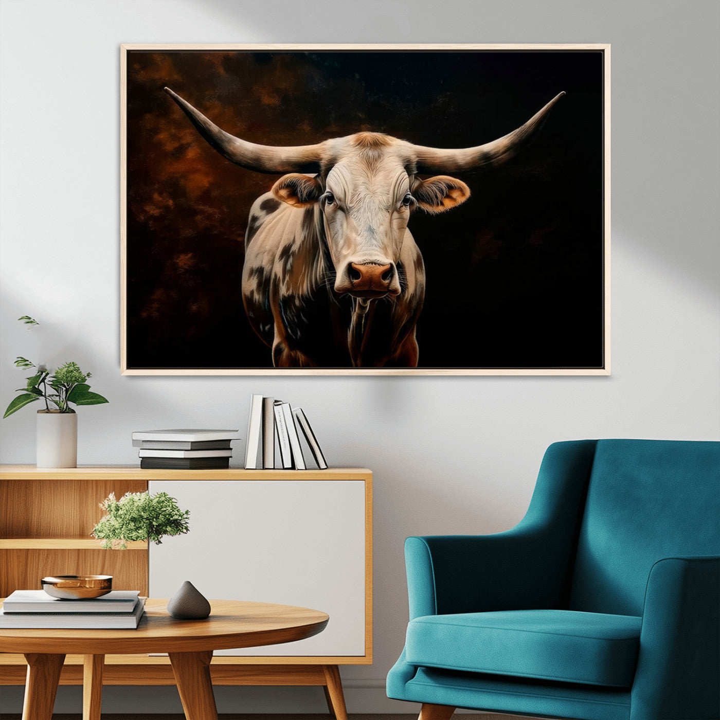MGV-FC-36X24 - Texas Longhorn Wall Art | 3-Panel Large Texas Longhorn Canvas Print for Living Room, Office, or Farmhouse Decor | Framed Giclee Longhorn Wall Art