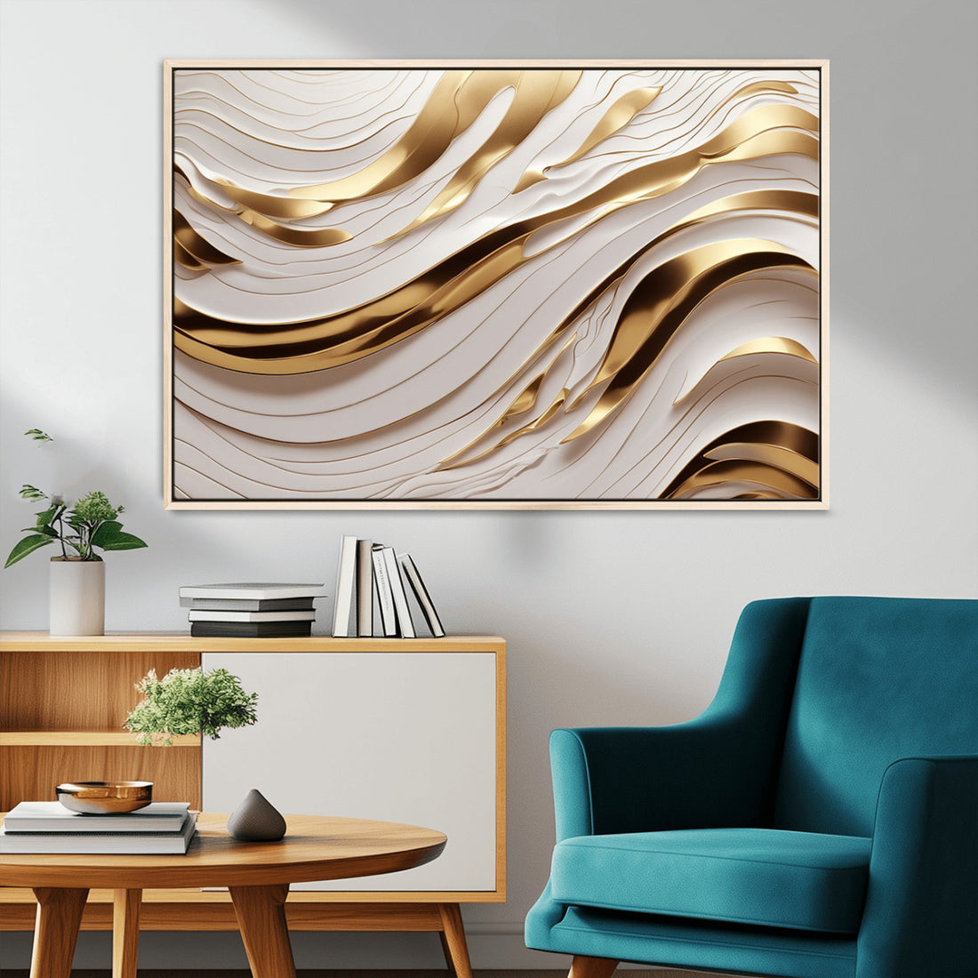 Gold and White Abstract Wave Canvas | Elegant Flowing Design with Golden Accents