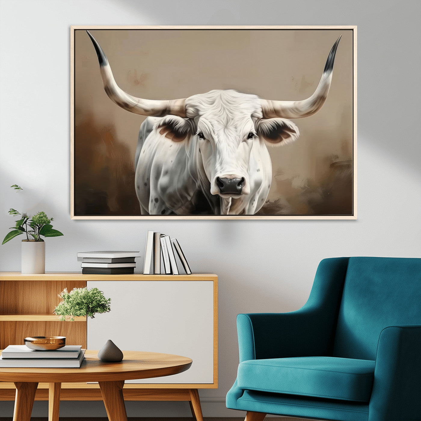 -White Longhorn Bull Wall Art Canvas Print – Framed and Ready to Hang – Perfect for Farmhouse and