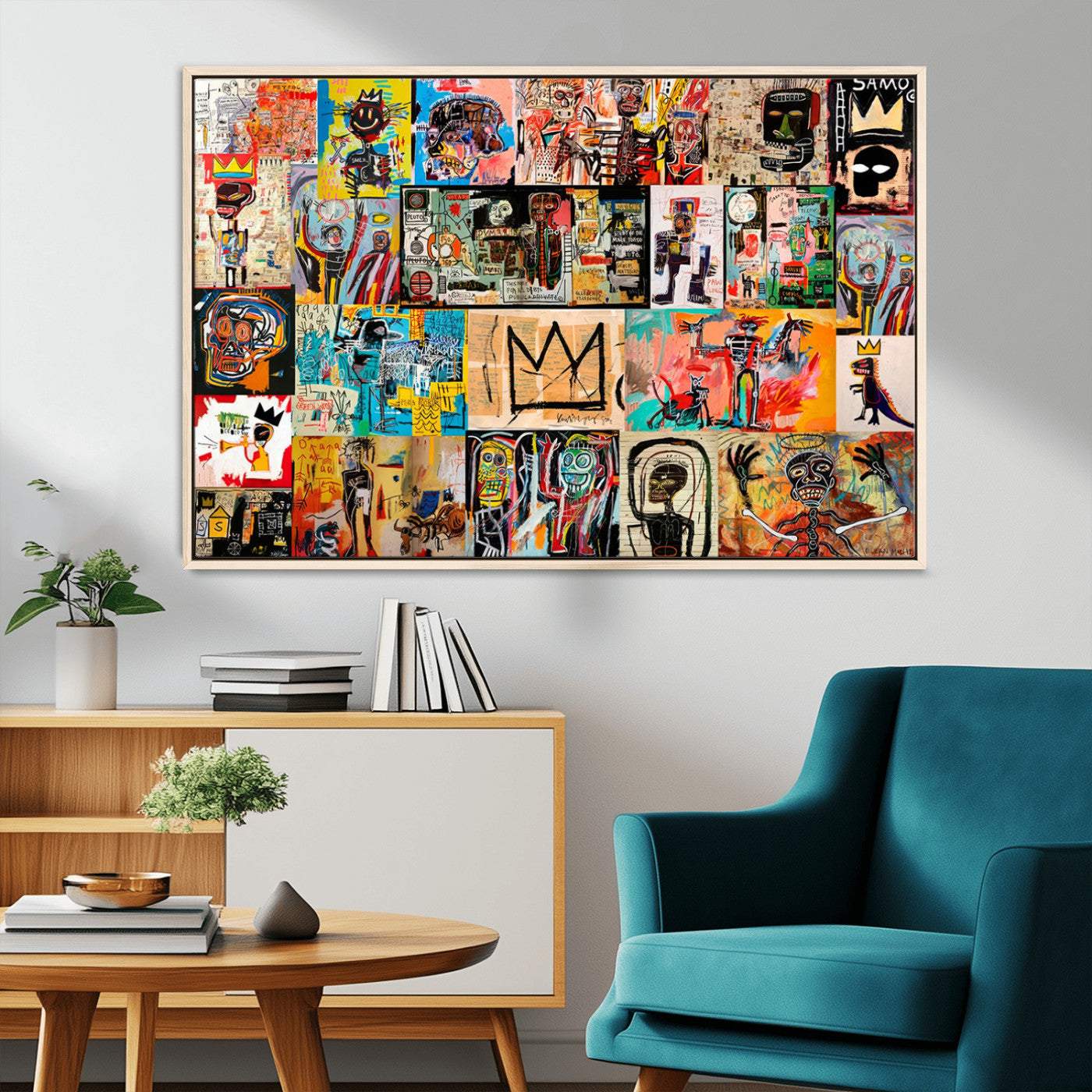 MGV-FC-36X24 - Basquiat Art Collage Wall Art Canvas Print – Framed, Ready to Hang, Urban Graffiti Style