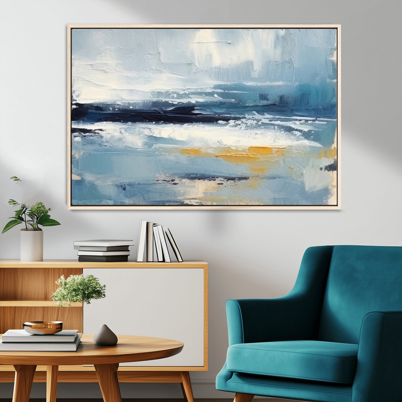 MGV-FC-36X24 - Abstract Ocean Canvas Wall Art - Coastal Blue and Gold Textured Painting, Modern Seascape Decor for Living Room Decor