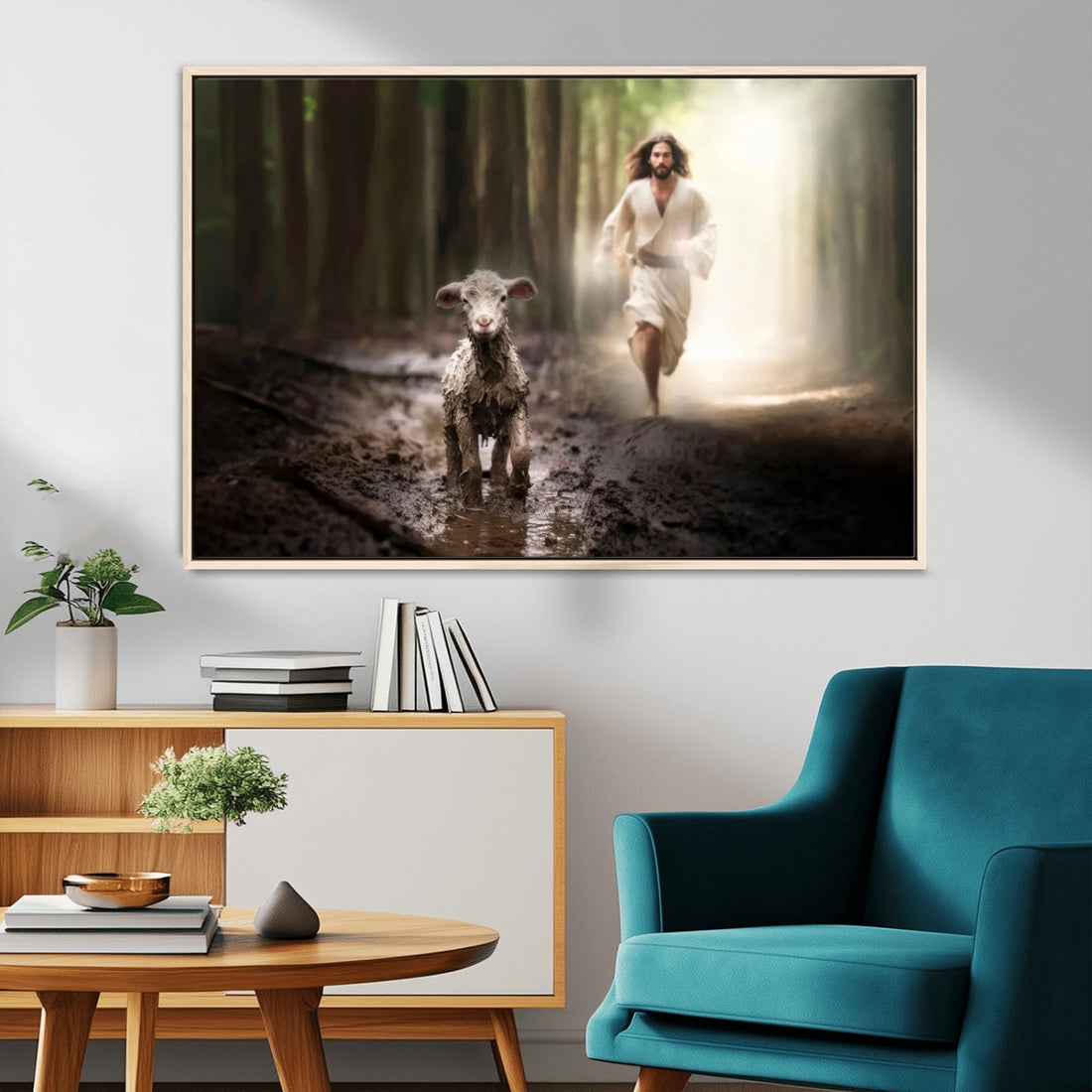 Jesus Canvas Wall Art - Jesus Running After Lost Lamb, Christian Home Decor
