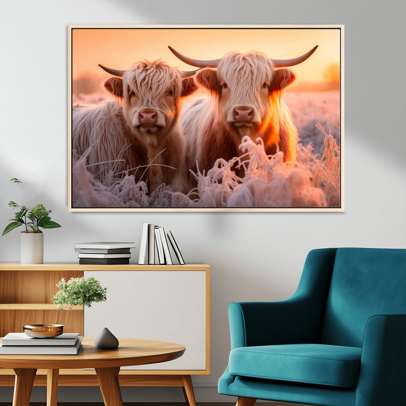 -Highland Cows at Sunrise Wall Art Canvas Set – Serene and Rustic Farmhouse Decor