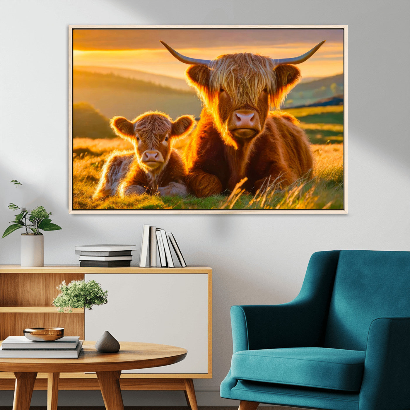 -Scottish Cow and Baby Cow Canvas Wall Art Animal Print Fluffy Cattle Framed Farmhouse Decor