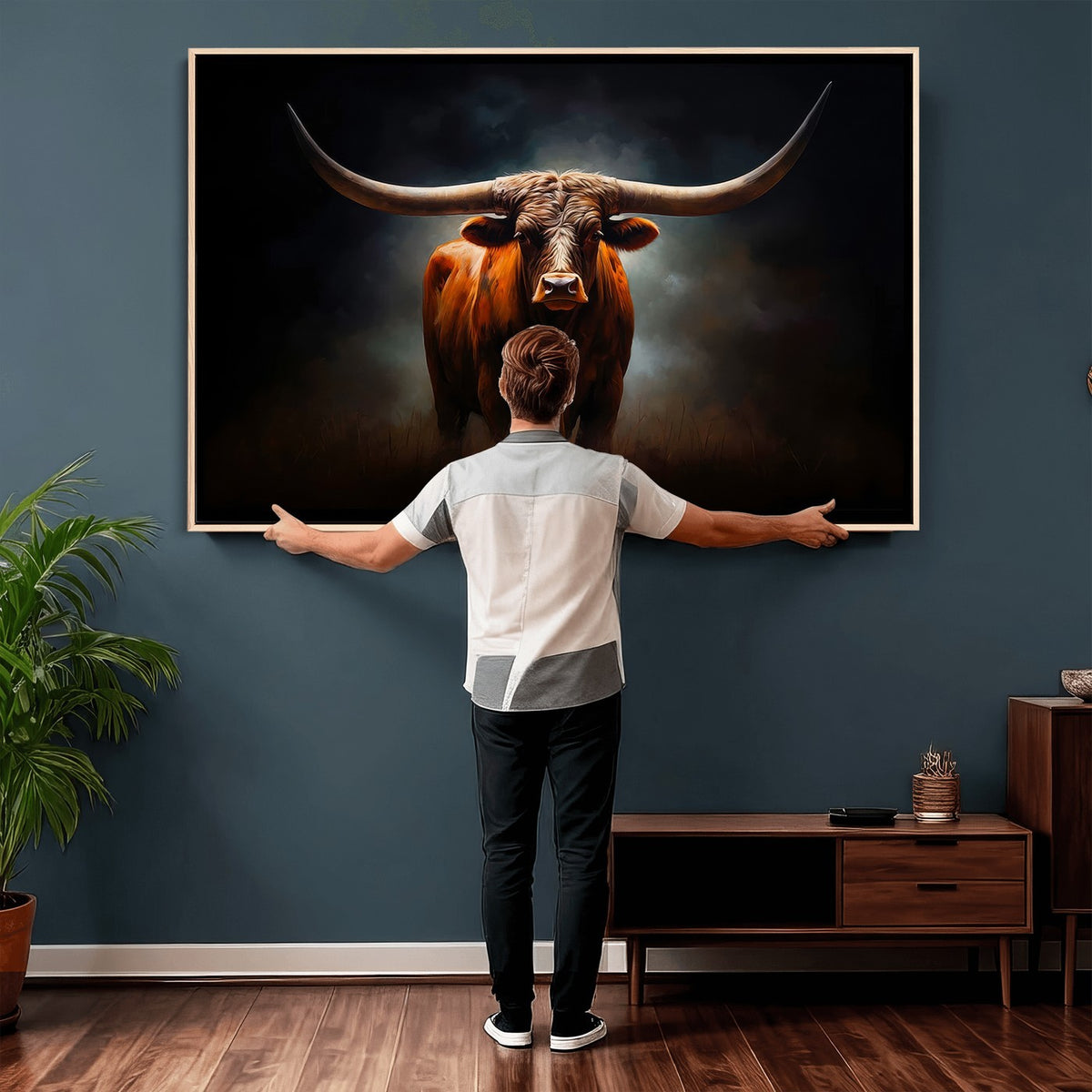 48896-MGV-CV-24X16 - Abstract Texas Longhorn Wall Art Print | 3-Panel Large Texas Longhorn Canvas