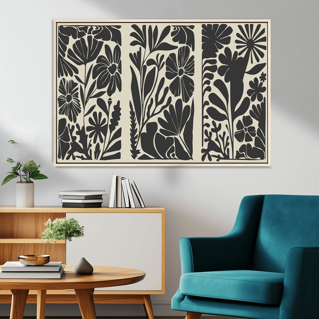 Modern Botanical Wall Art, Floral Black and White Canvas Print