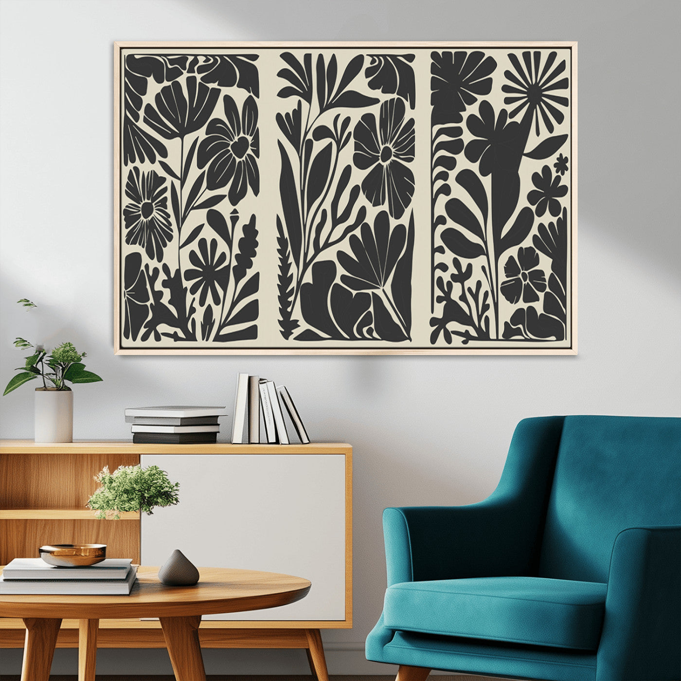 MGV-FC-36X24 - Modern Botanical Wall Art - Floral Black and White Canvas Print, Framed, Ready to Hang