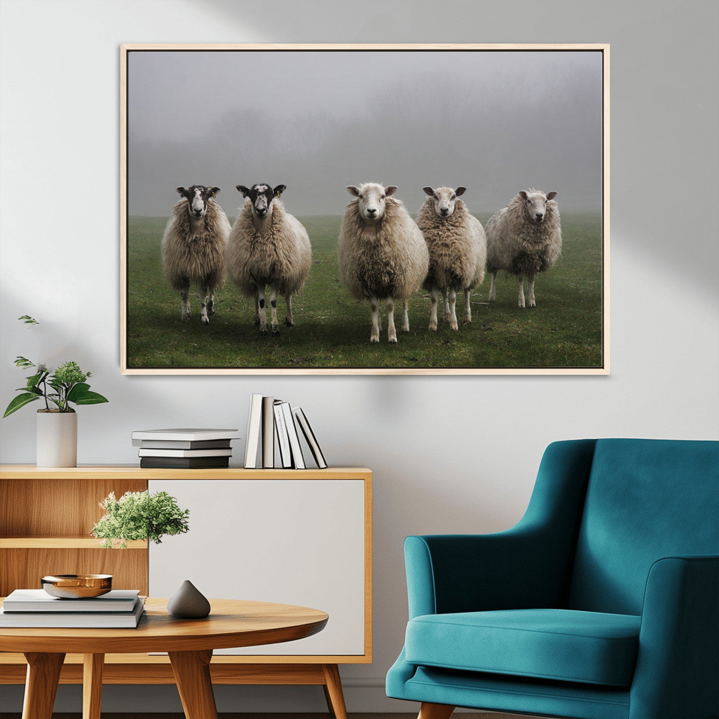 -Flock of Sheep in a Mystical Fog – Pastoral Wall Art Canvas Print, Framed, Ready to Hang