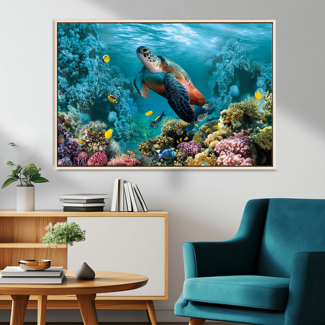 Sea Turtle and Coral Reef Triptych Wall Art, Vibrant Underwater Scene Canvas Set