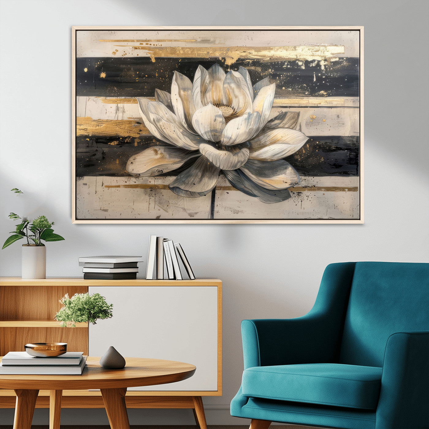 MGV-FC-36X24 - Lotus Flower Wall Art Canvas Print, Framed Abstract Lotus Art Picture Print, White Lotus Flower Perfect Abstract Floral Decor Artwork