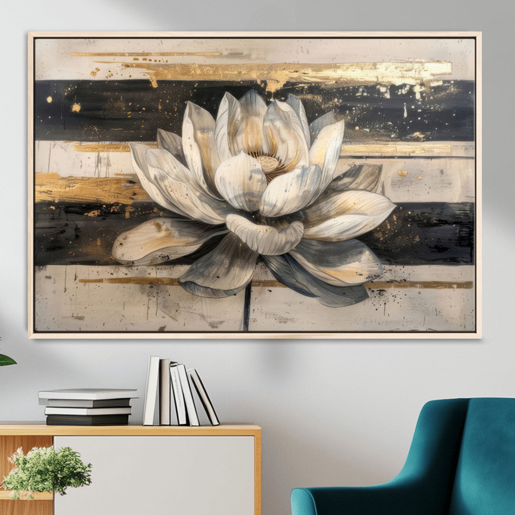 MGV-FC-36X24 - Lotus Flower Wall Art Canvas Print, Framed Abstract Lotus Art Picture Print, White Lotus Flower Perfect Abstract Floral Decor Artwork