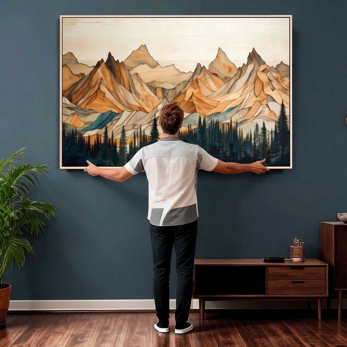 31576-MGV-CV-36X24 - Geometric Wood Mountain Landscape Wall Art Canvas Print, Rustic Forest Painting Print