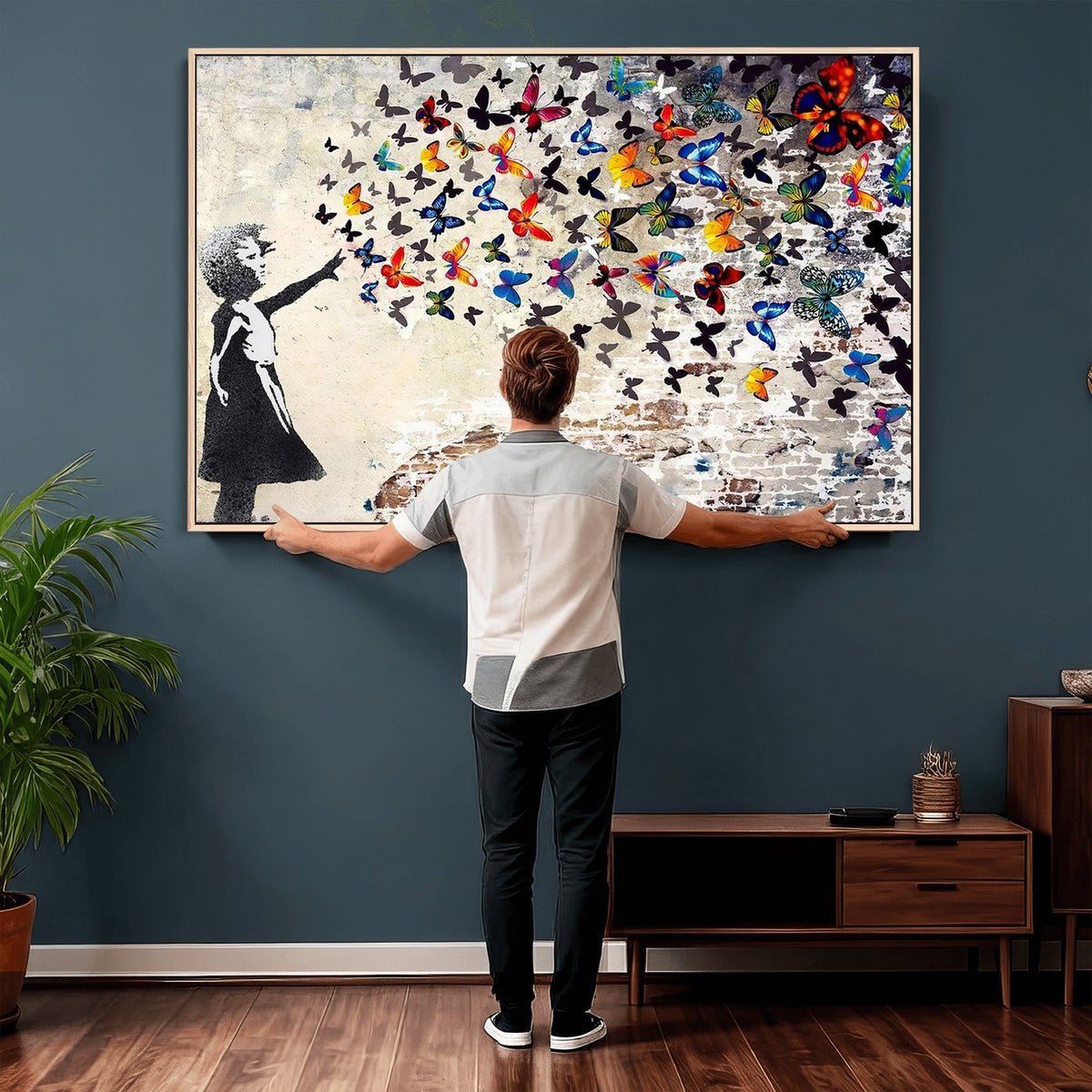 97895-MGV-CV-24X16 - Banksy Graffiti Wall Art Canvas Print, Girl Releasing Vibrant Butterflies