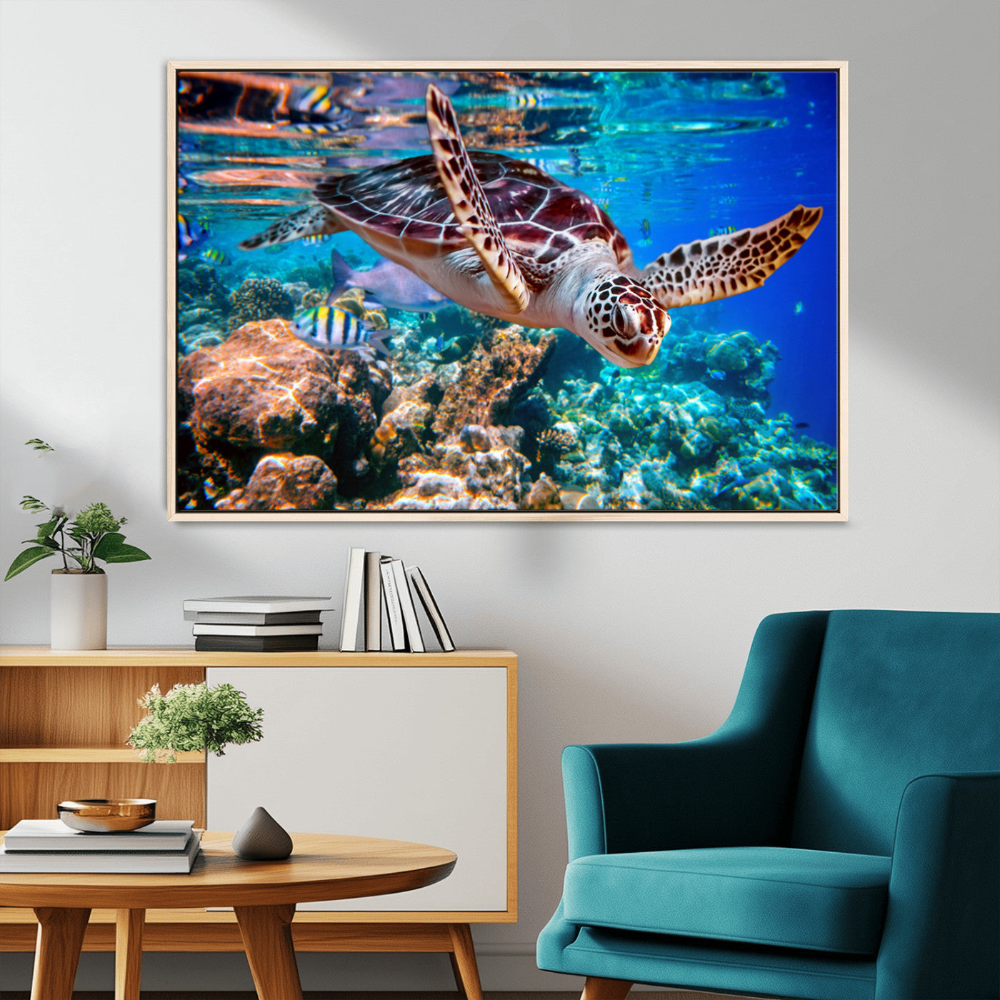 MGV-FC-36X24 - Underwater Coral Reef Sea Turtle Wall Art Canvas Print, Vibrant Marine Life | Colorful Ocean Scene
